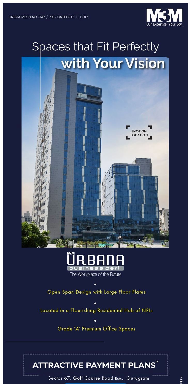 Spaces that fit perfectly with your vision at M3M Urbana Business Park, Gurgaon Update