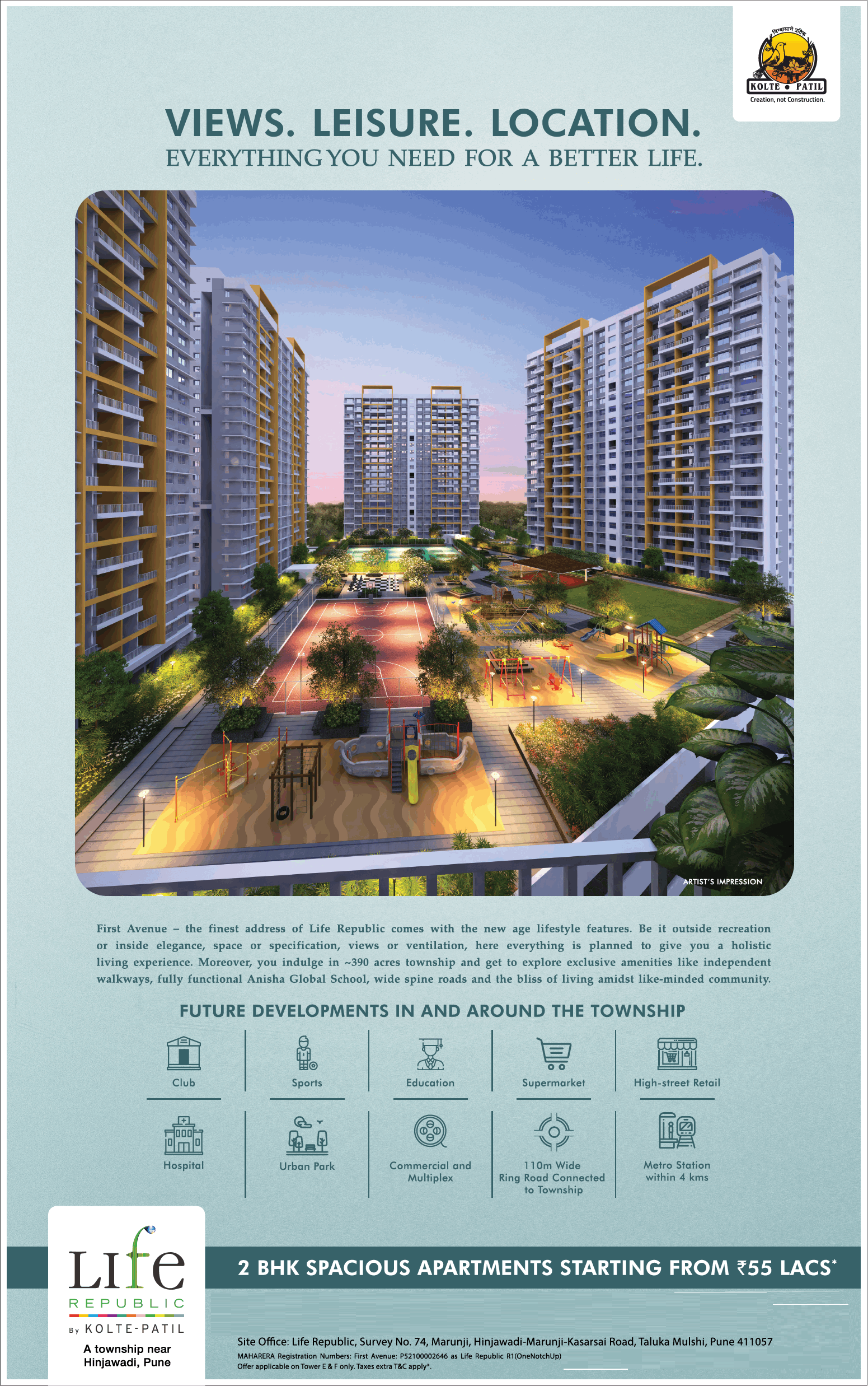 2 BHK spacious apartment starting from Rs 55 Lakh at Kolte Patil Life Republic in Pune Update