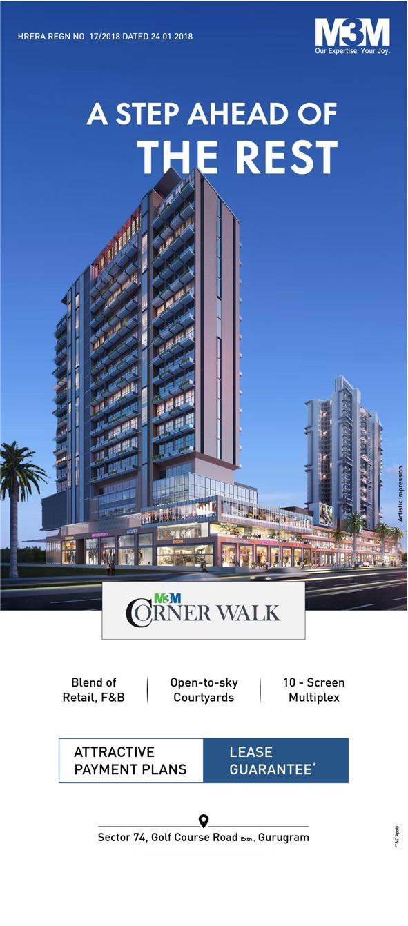Attractive payment plan and lease guarantee at M3M Corner Walk in Gurgaon Update