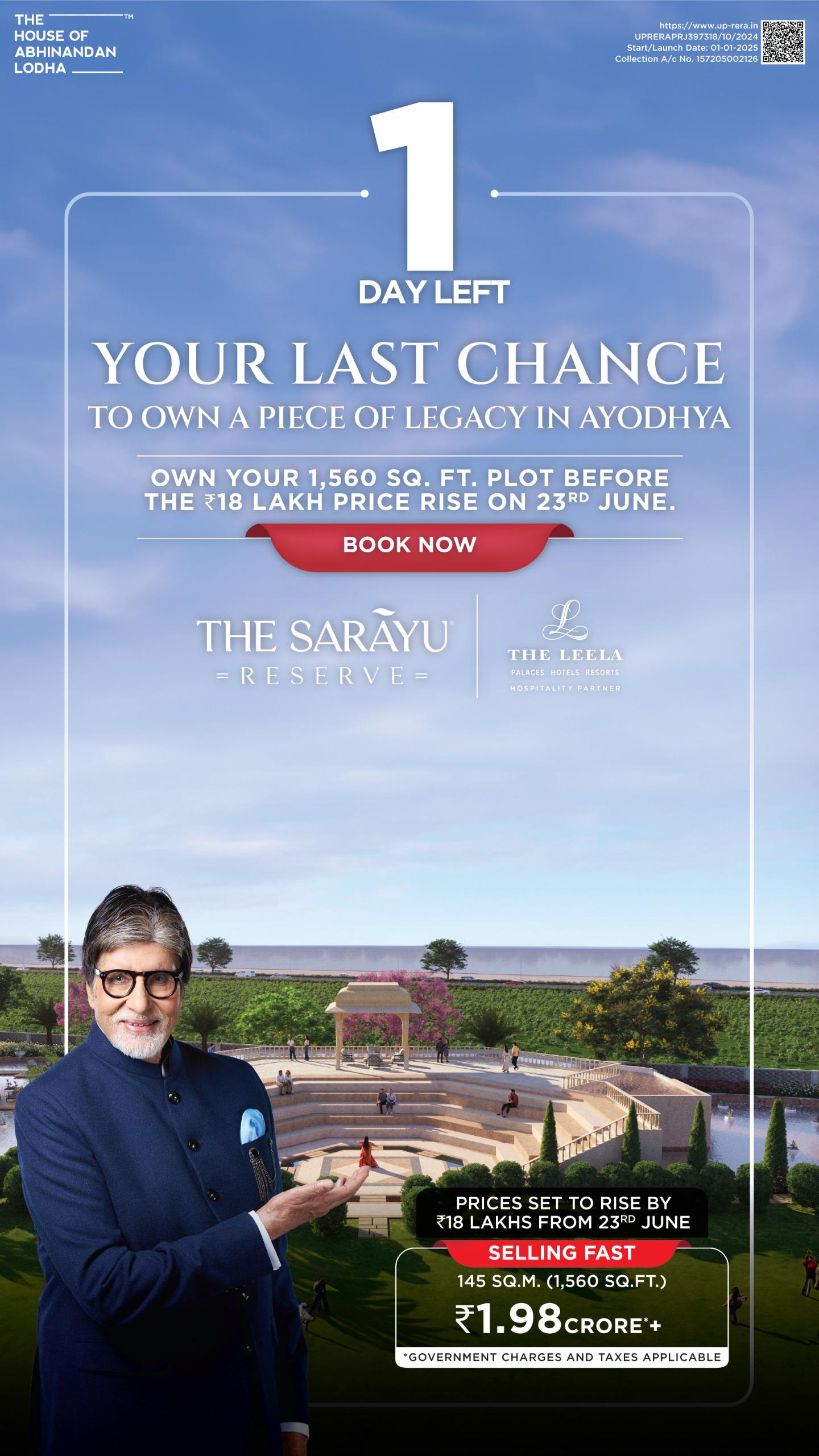 Last Chance for The Sarayu Reserve in Ayodhya, Book Before Price Rise! Update