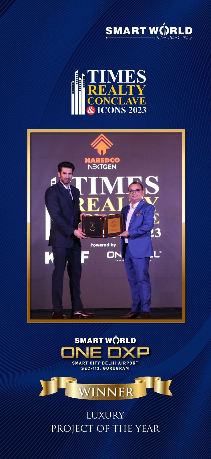 Smartworld One DXP has been awarded with the luxury project of the year award 2023 at The Times Realty Conclave & Icons 2023 Update