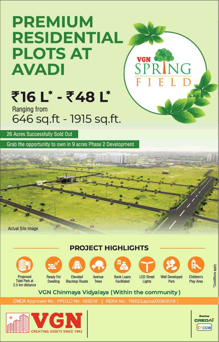 Premium residential plots at VGN Spring Field, Chennai Update