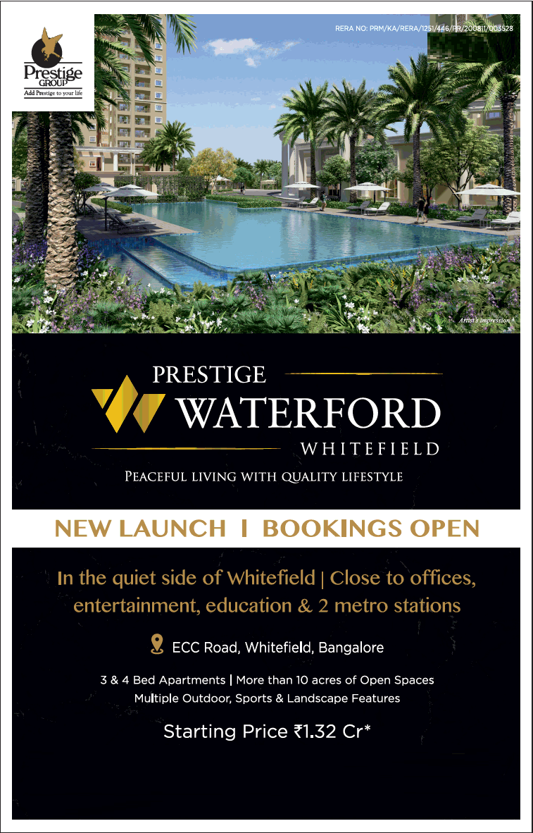 New launch bookings open at Prestige Waterford, Whitefield in Bangalore Update