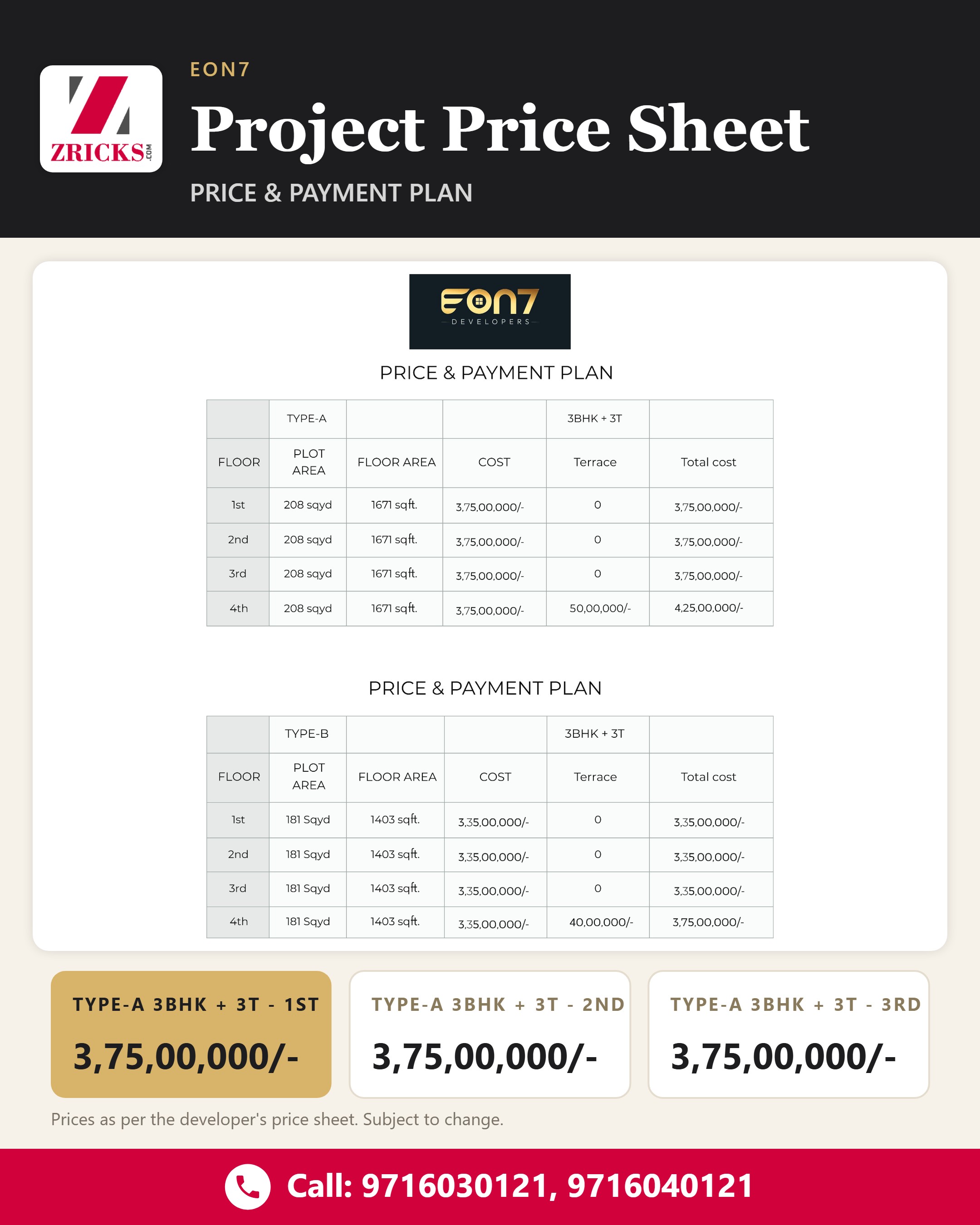 EON7 The project Price Sheet: PRICE & PAYMENT PLAN Update