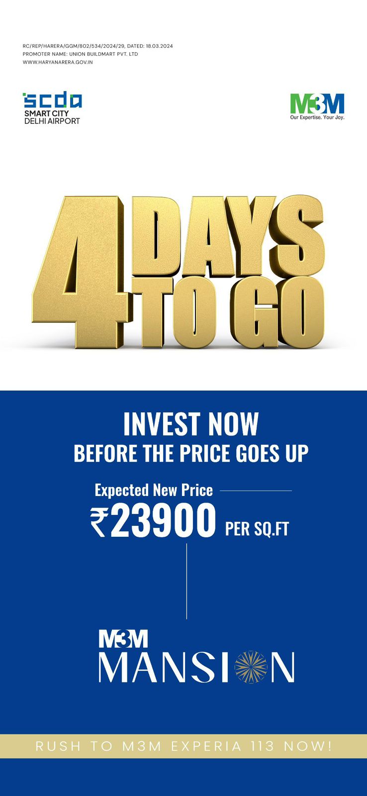 Invest in M3M Mansion at SCDA, Delhi Airport for ₹23900 Per Sq.Ft. Update