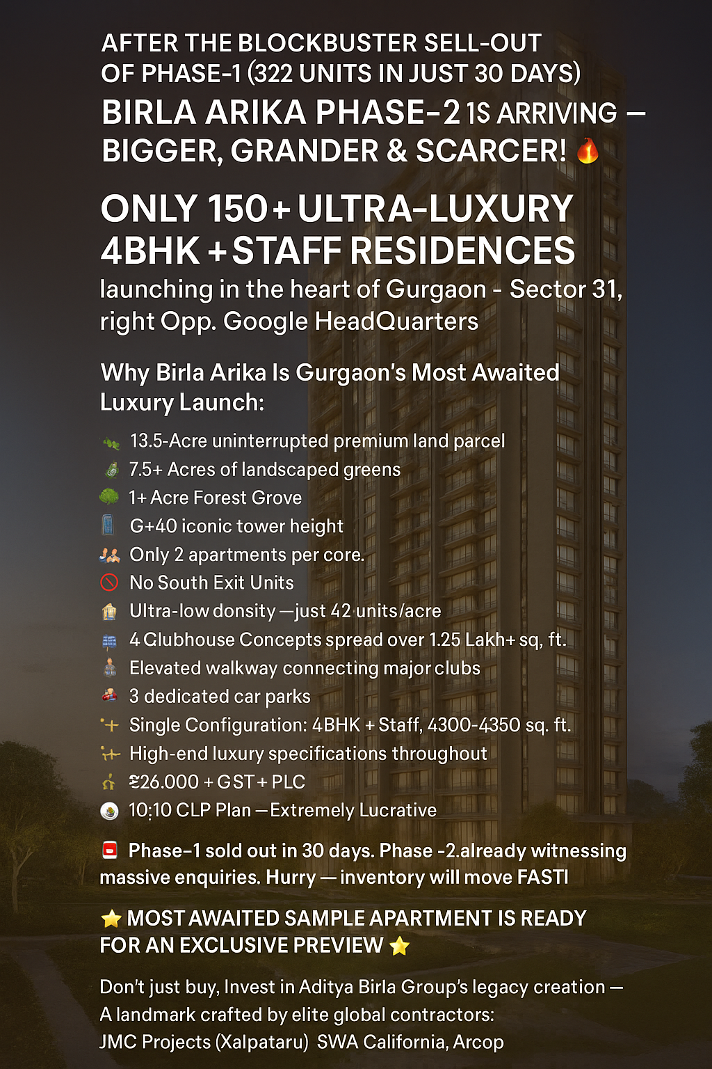 Ultra-Luxury 4BHK Residences by Birla Arika in Gurgaon, Starting at ₹26,000 Update