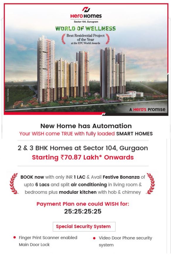 Book 2 & 3 BHK homes Rs 70.87 Lac at Hero Homes in Sector 104, Gurgaon Update