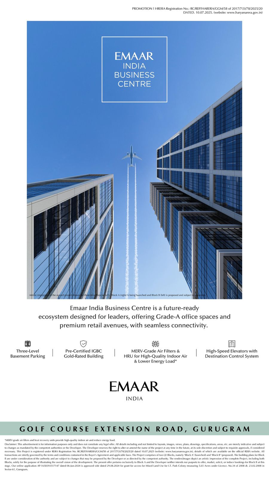 Emaar India Business Centre, Golf Course Extension Road, Gurugram - Grade-A Offices and Premium Retail Update