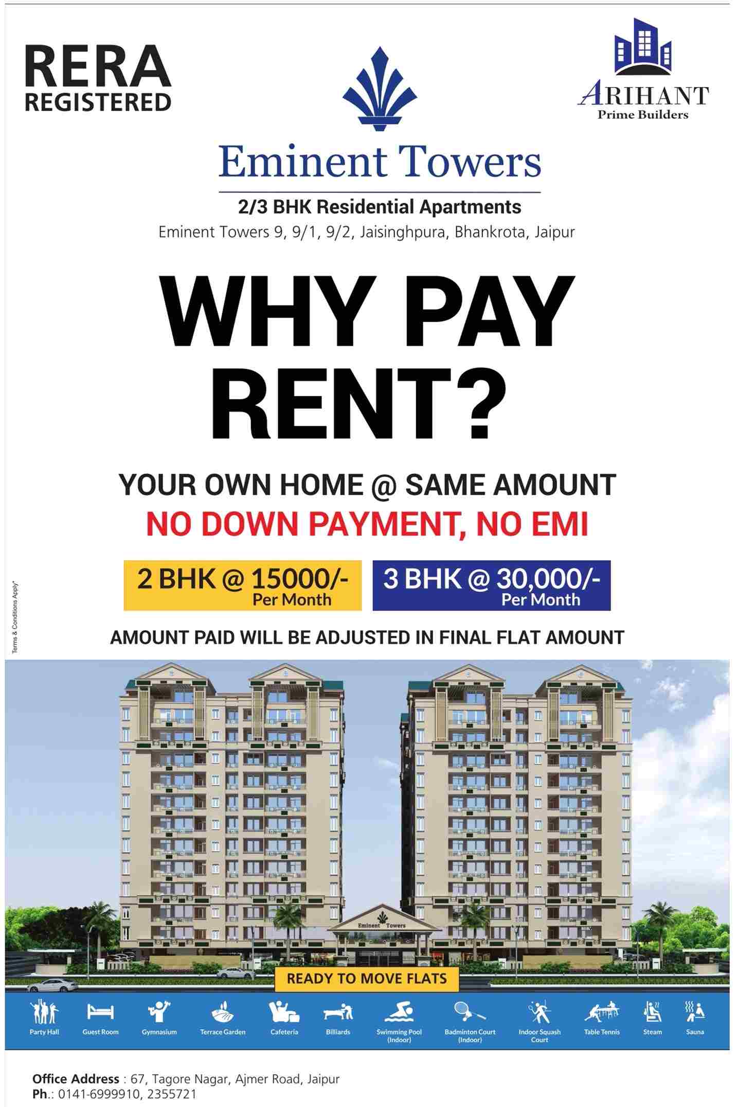 Live in ready to move flats with no down payment & EMI at Arihant Eminent Towers in Jaipur Update