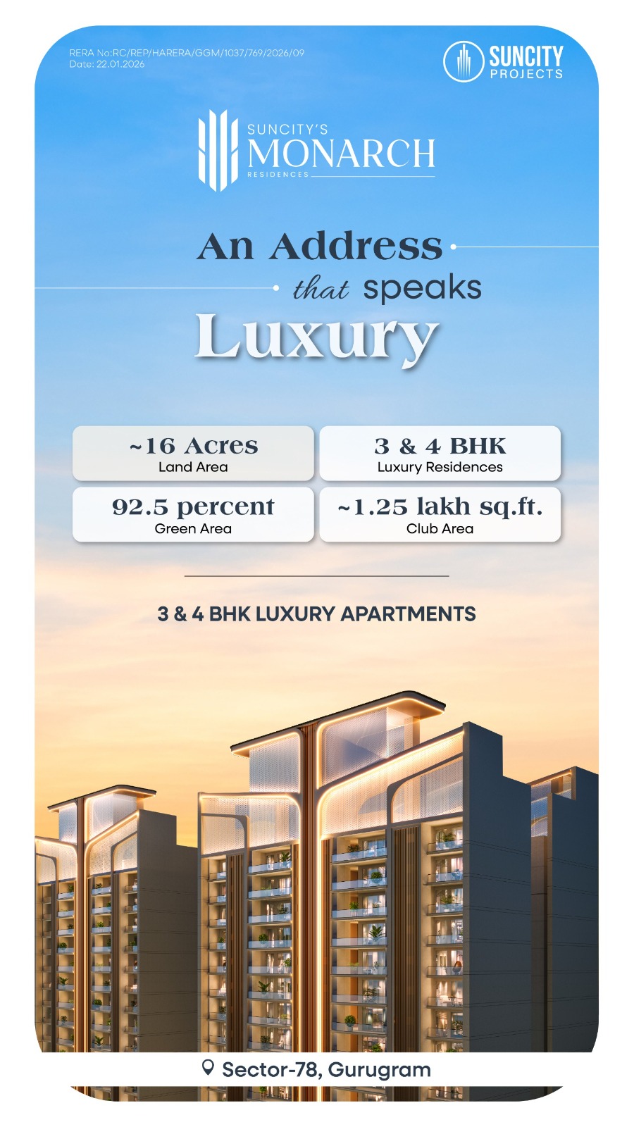 Discover Luxury Living at Suncity’s Monarch Residences || Explore 3 & 4 BHK Apartments in Sector-78, Gurugram || An Address of Distinction in Suncity’s Monarch Update