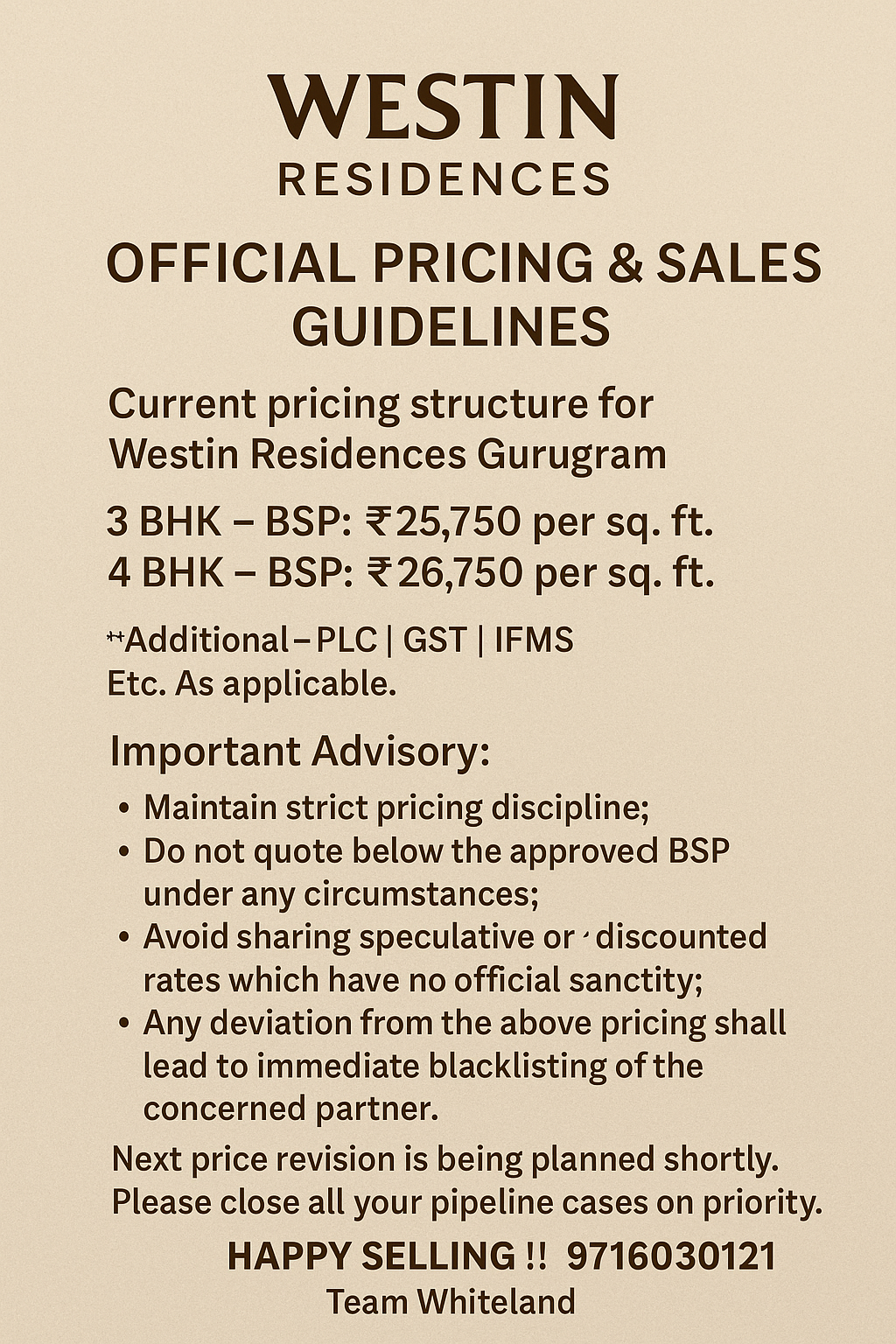Official Pricing for Westin Residences Gurugram || Strict Pricing Guidelines by Whiteland || Close Your Deals Now! Update