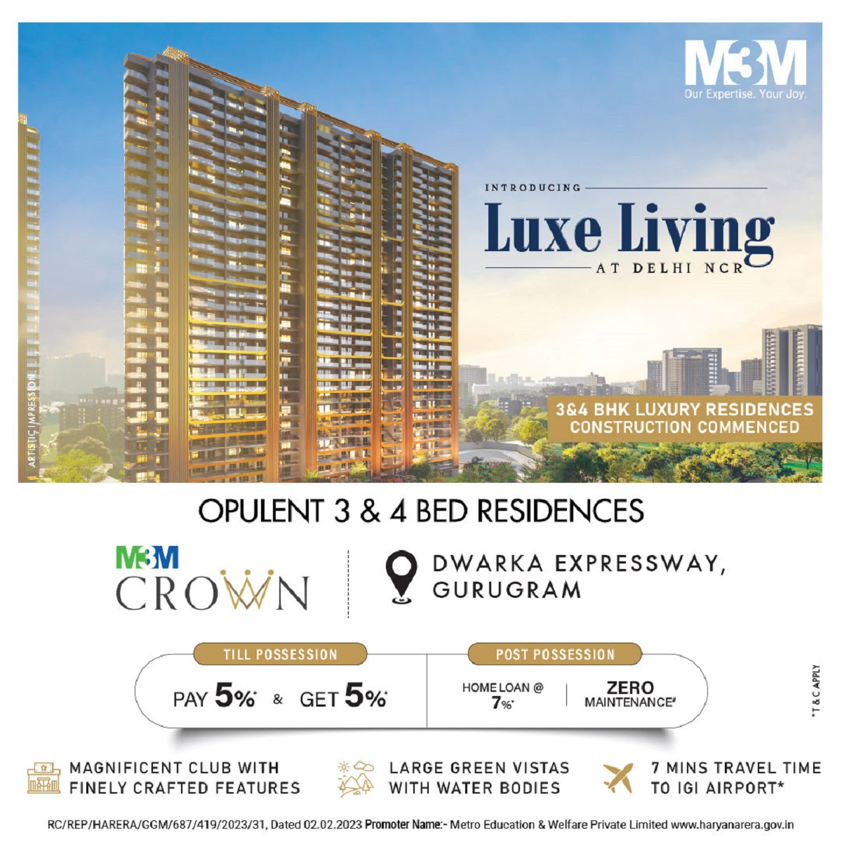 Book 3 & 4 BHK luxury residences construction commenced at M3M Crown, Sector 111, Gurgaon Update
