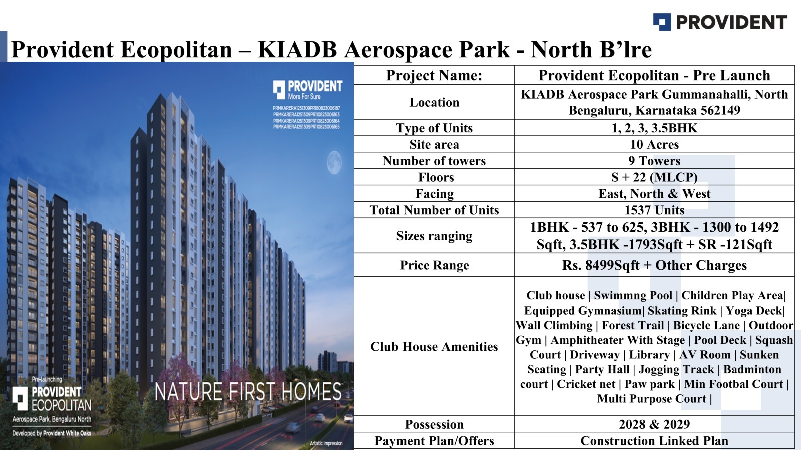 Discover Provident Ecopolitan at KIADB Aerospace Park, Bengaluru - Prices starting at Rs. 8499/sqft. Update