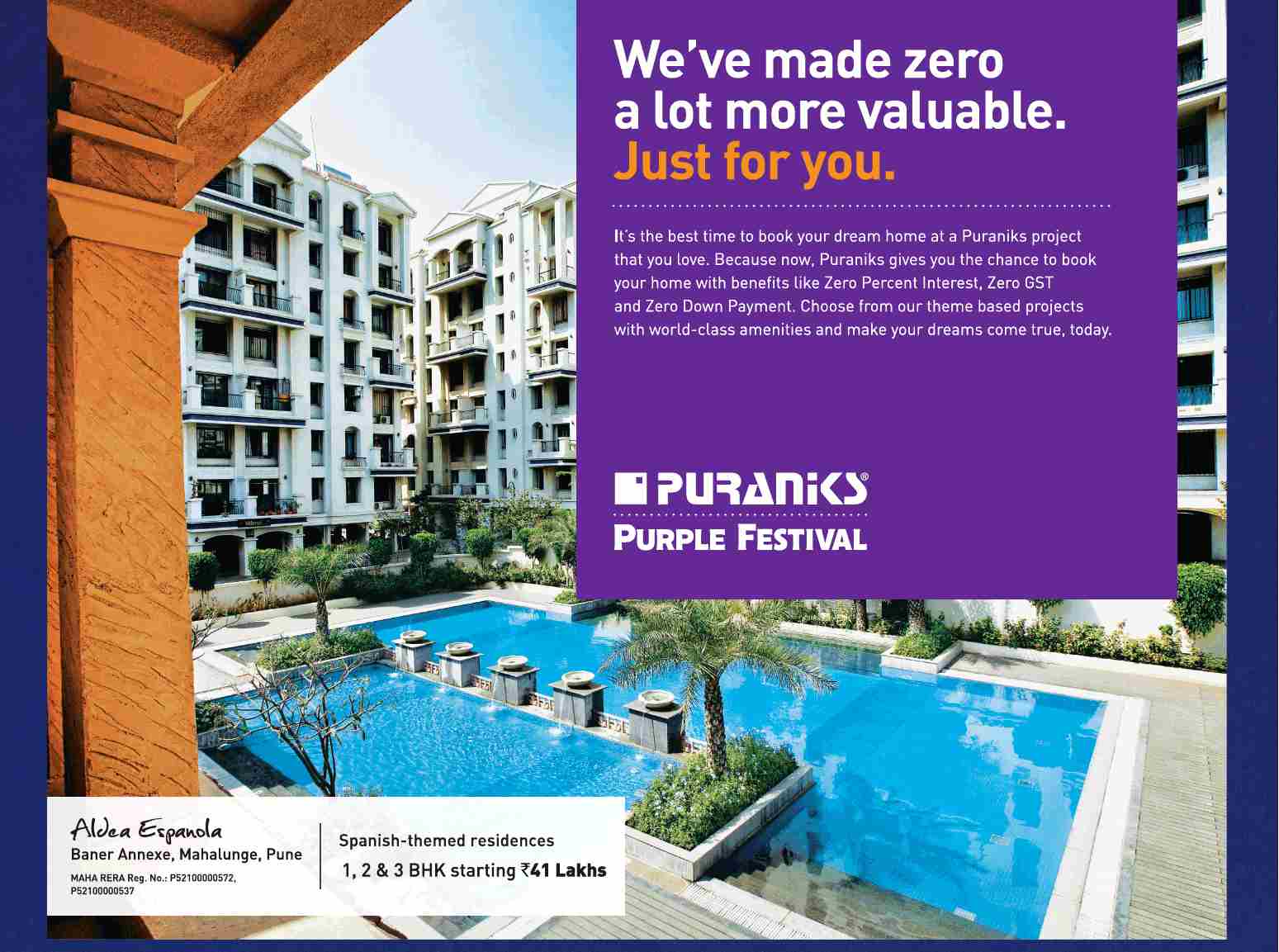 Book your home with benefits like 0% interest, GST & down payment at Puranik Aldea Espanola, Pune Update