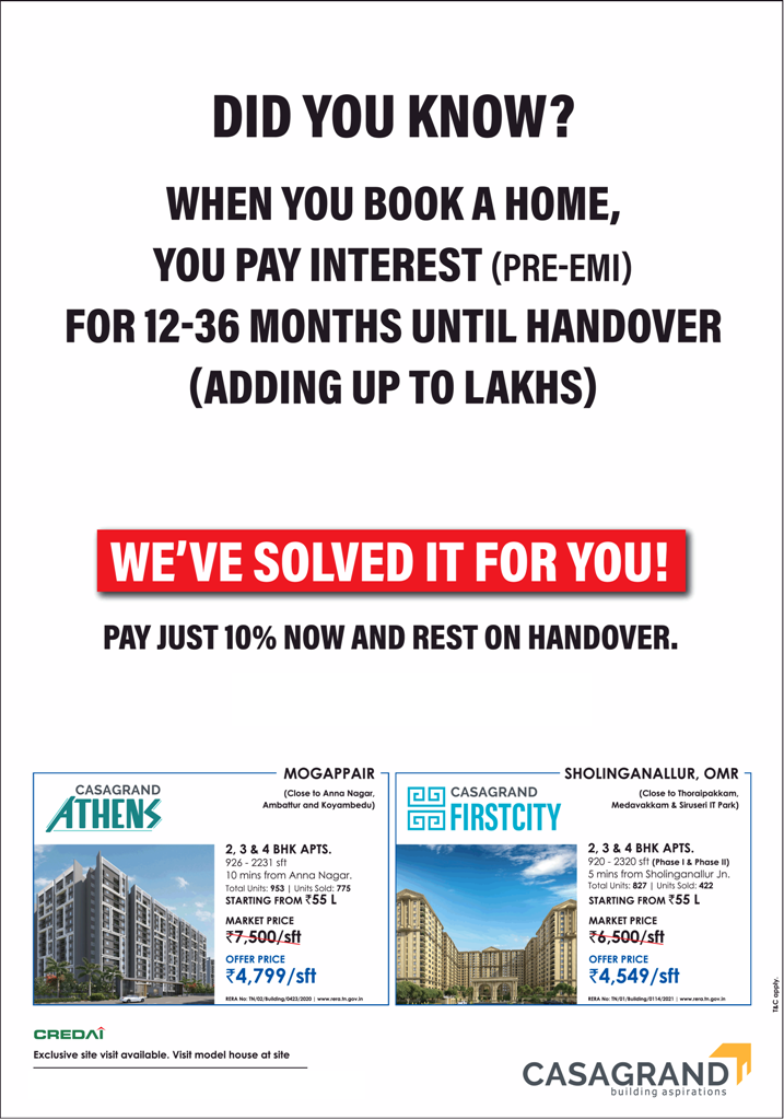 Pay just 10% now and rest on handover at Casa Grande, Chennai Update