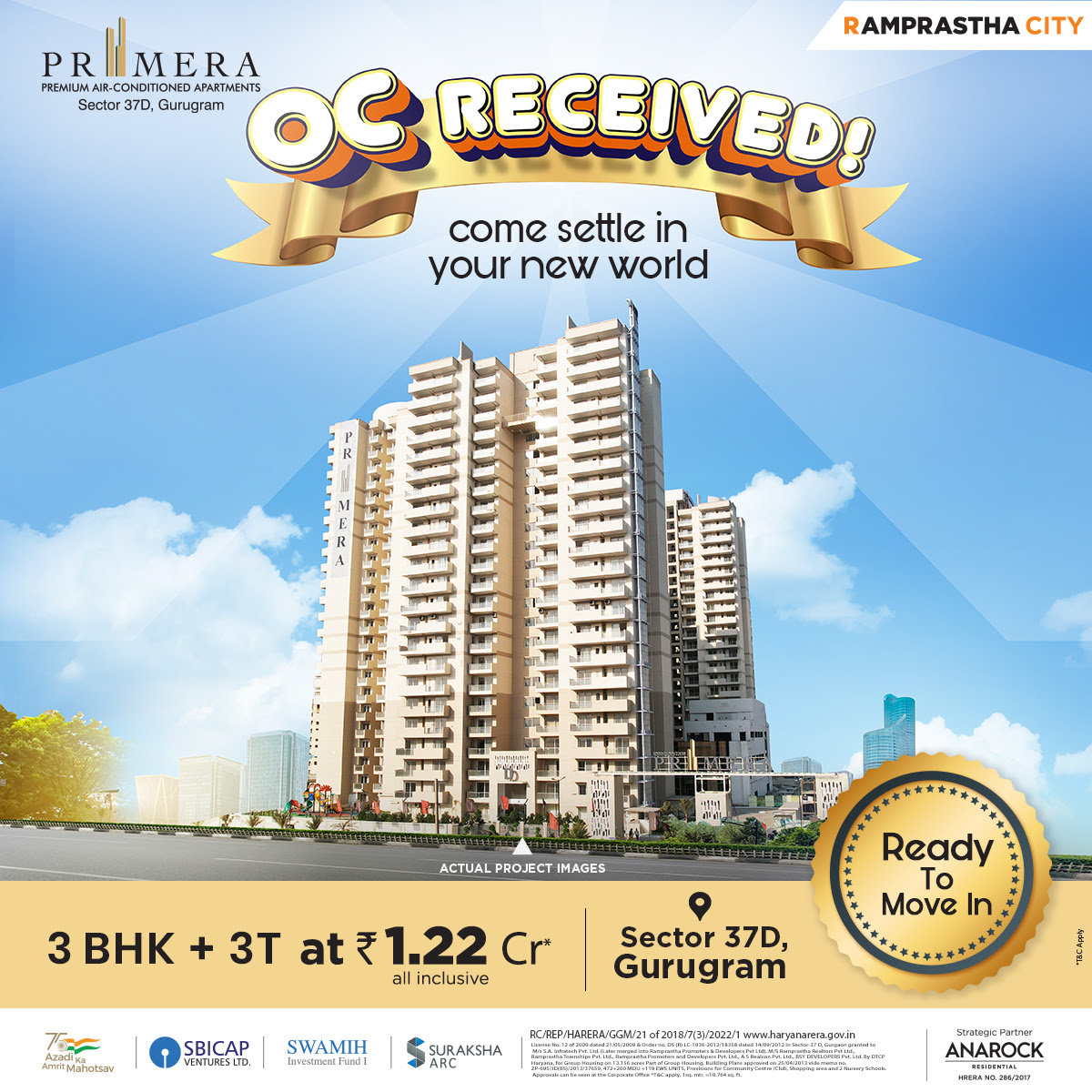 Premium 3BHK + 3T home Rs 1.22 Cr at Ramprastha Primera, in Sector 37D, Gurgaon Update