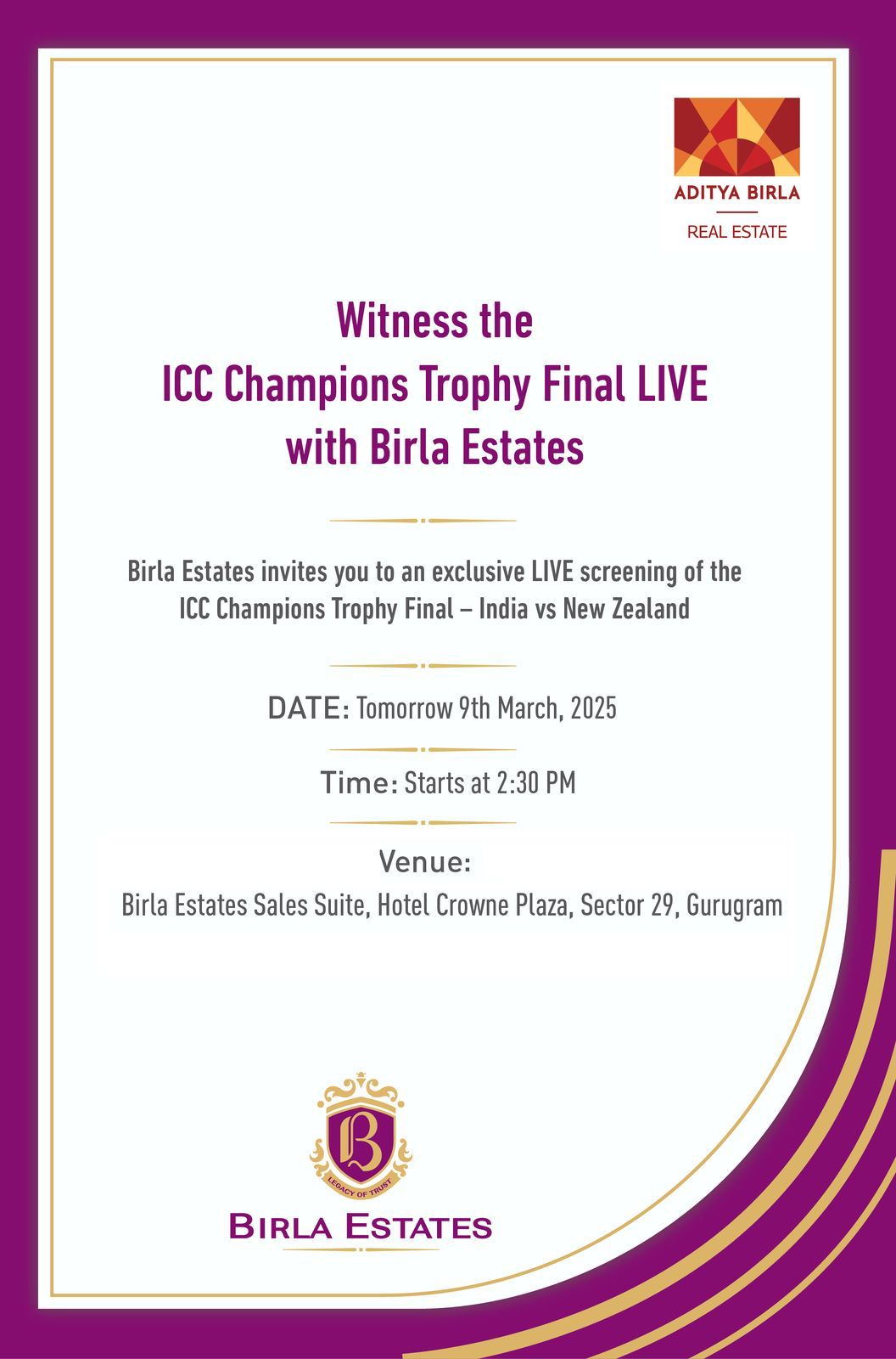 Join Birla Estates for Exclusive ICC Champions Trophy Final Screening, March 9th, Gurugram Update