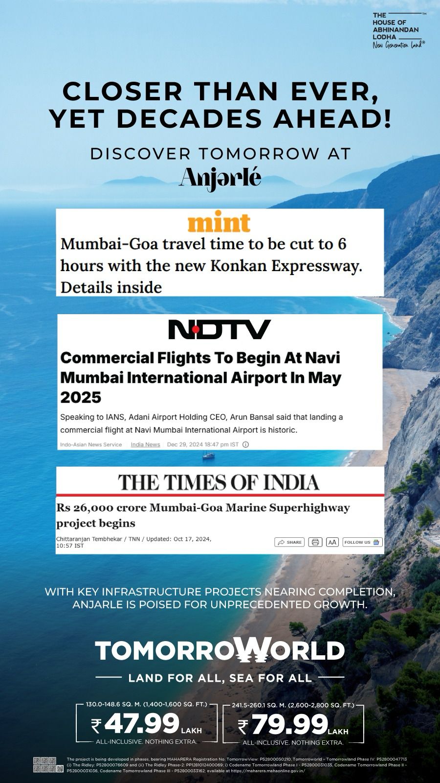 Discover TomorrowWorld at Anjarle: Land for All, Sea for All, Starting at ₹47.99 Lakh Update