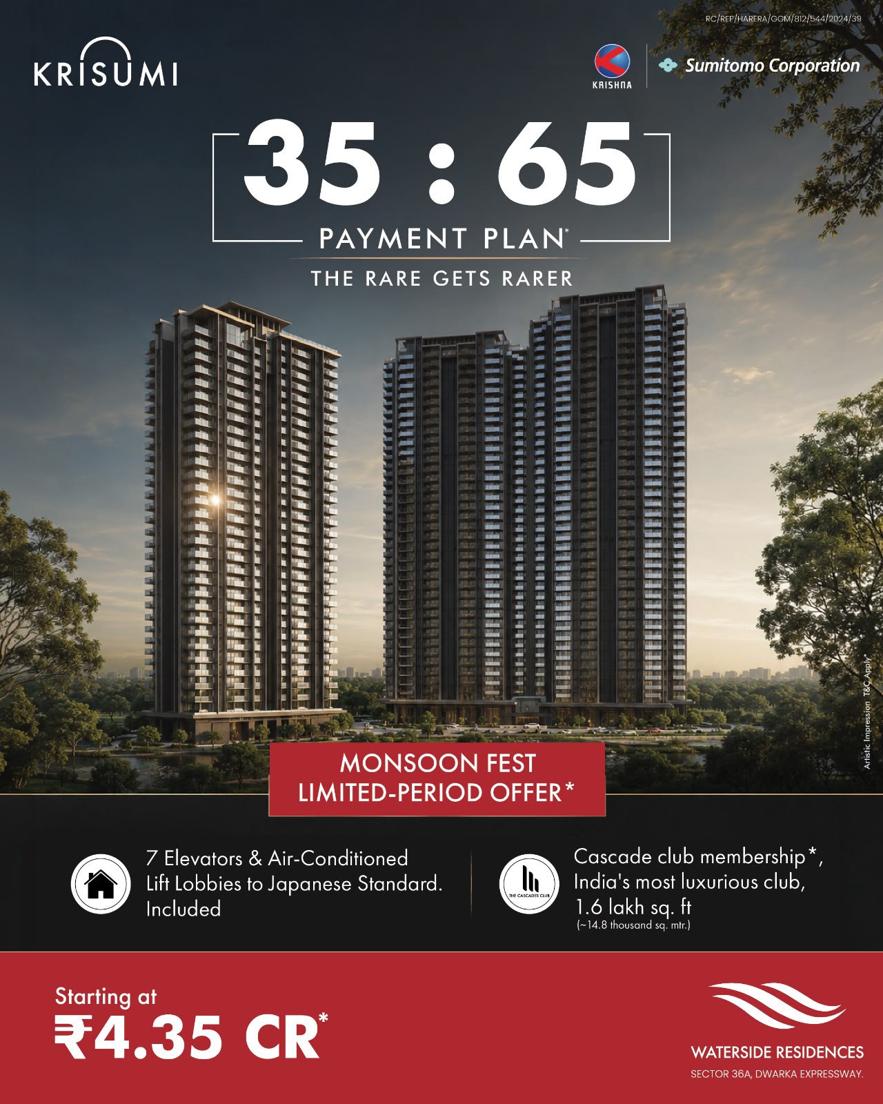 Explore Krisumi's 35:65 Payment Plan || Monsoon Fest: Limited-Period Offer || Starting at ₹4.35 CR* at Waterside Residences Update