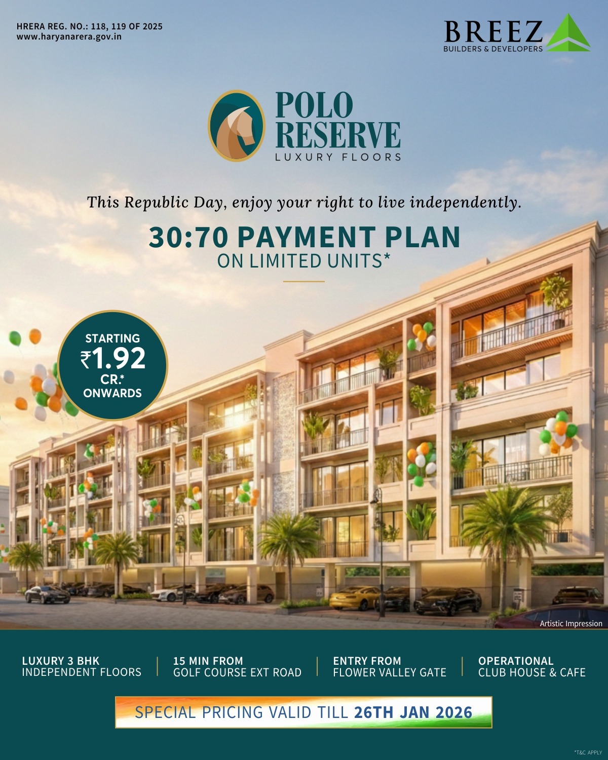 Experience Luxury Living at Polo Reserve, by Breez Builders, Starting ₹1.92 CR, Book by 26th Jan 2026, Golf Course Ext Road, Gurgaon Update