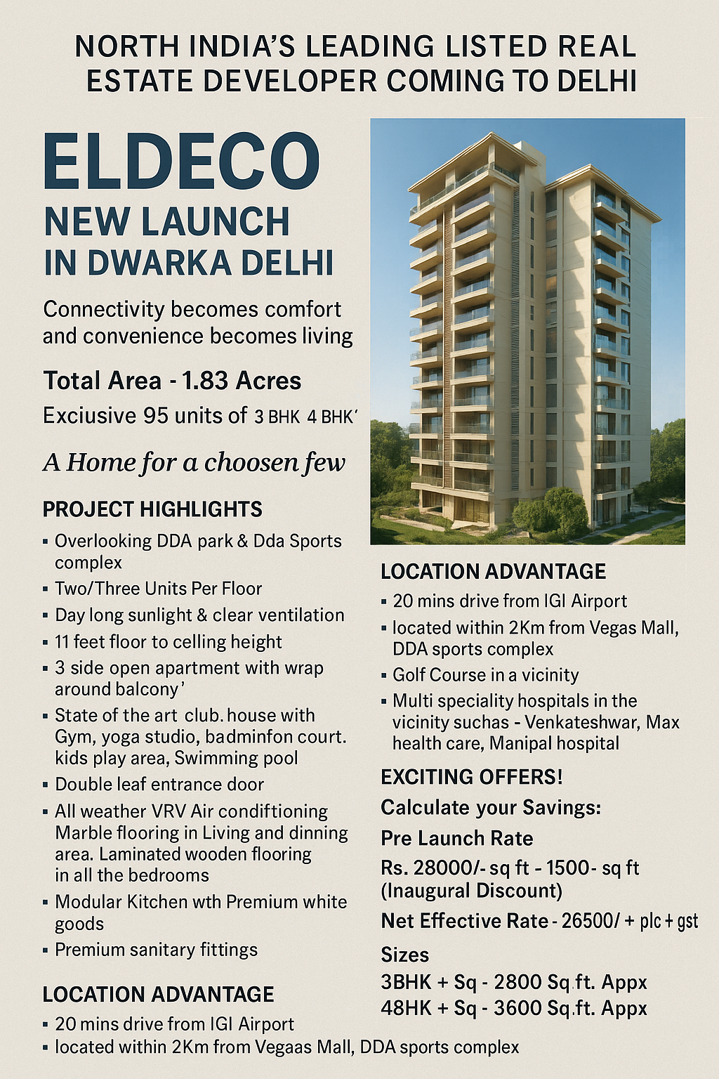 Discover Eldeco's New Launch in Dwarka, 3 & 4 BHK Starting at Rs. 26500/sq ft! Update
