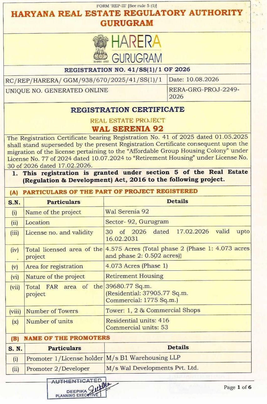 Haryana RERA Approval for Wal Serena 92 || New Registration for Wal Serena 92 in Gurugram || Official Registration Announced for Wal Serena 92 Update