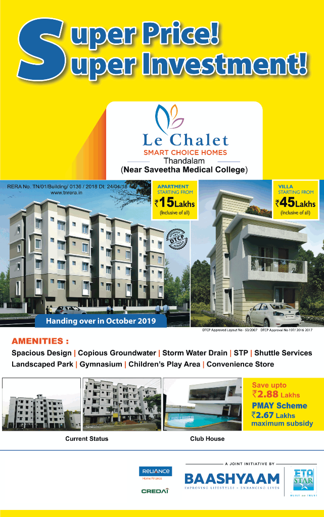 Handing over in October 2019 at Baashyaam Le Chalet in Chennai Update