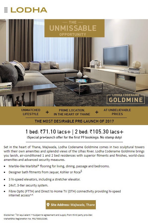 Unmissable pre launch offer for first 99 bookings with no stamp duty at Lodha Codename Goldmine in Thane Update