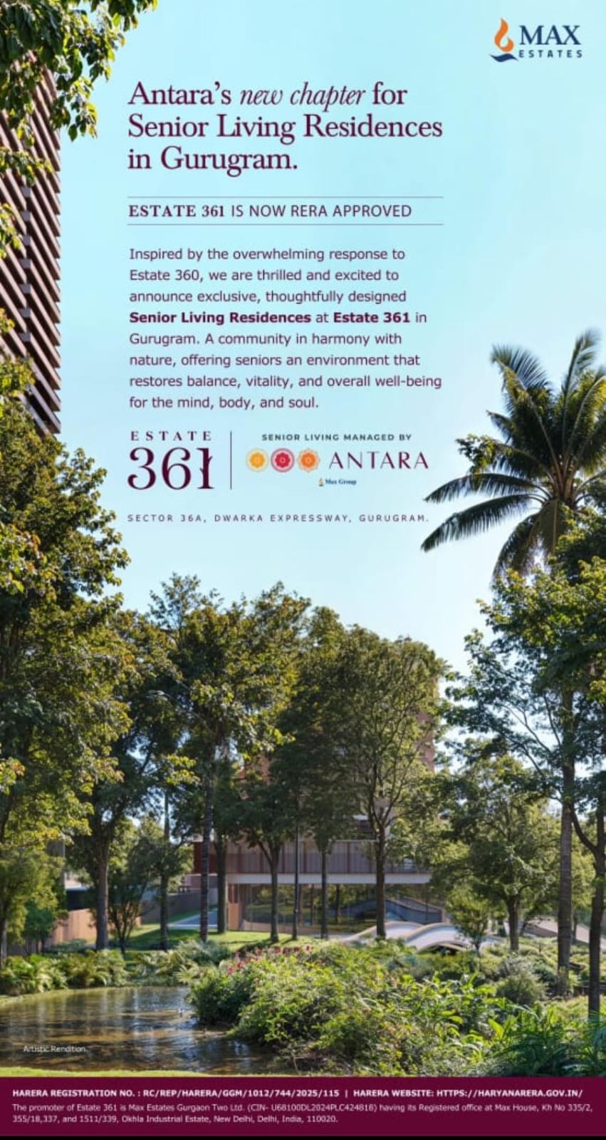 Discover Antara's Senior Living Residences at Estate 361 in Gurugram, Exclusively by Max Estates. Update