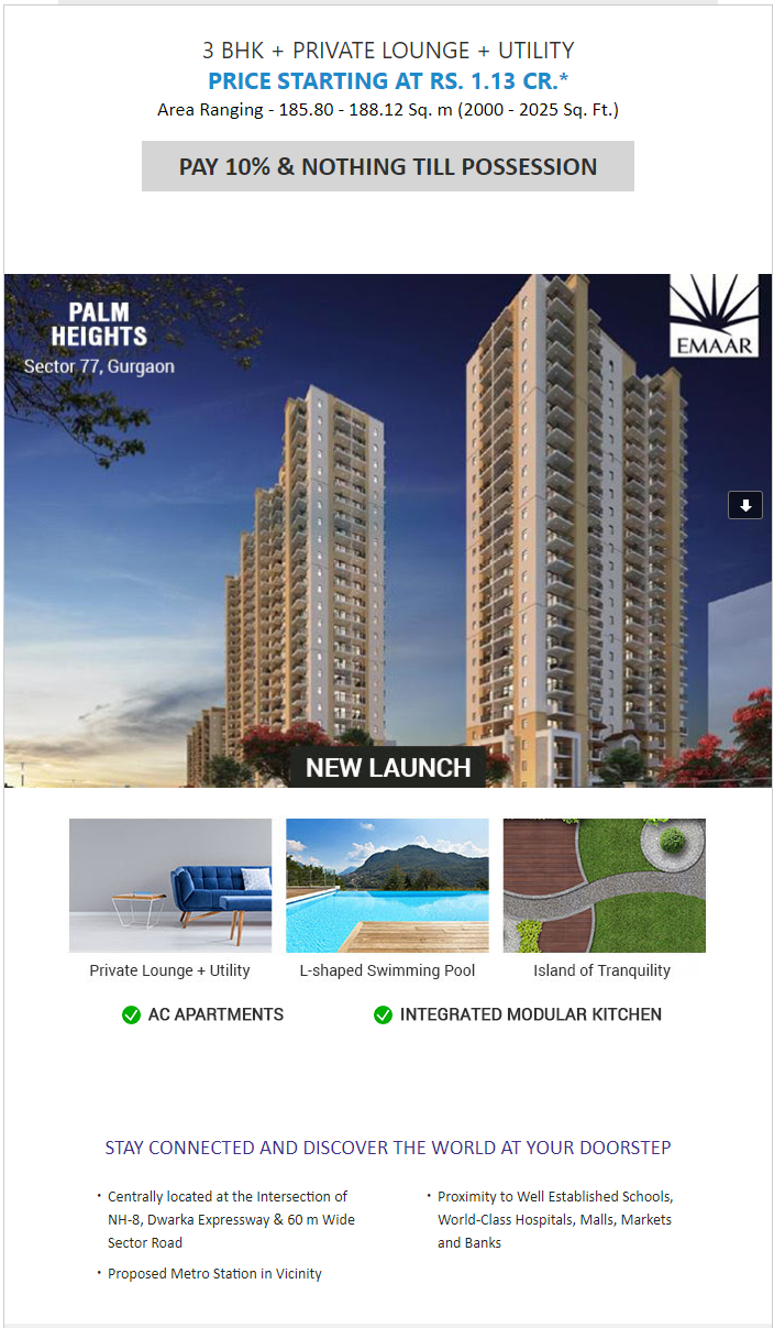 Pay 10% & nothing till possession at Emaar Palm Heights in Gurgaon Update