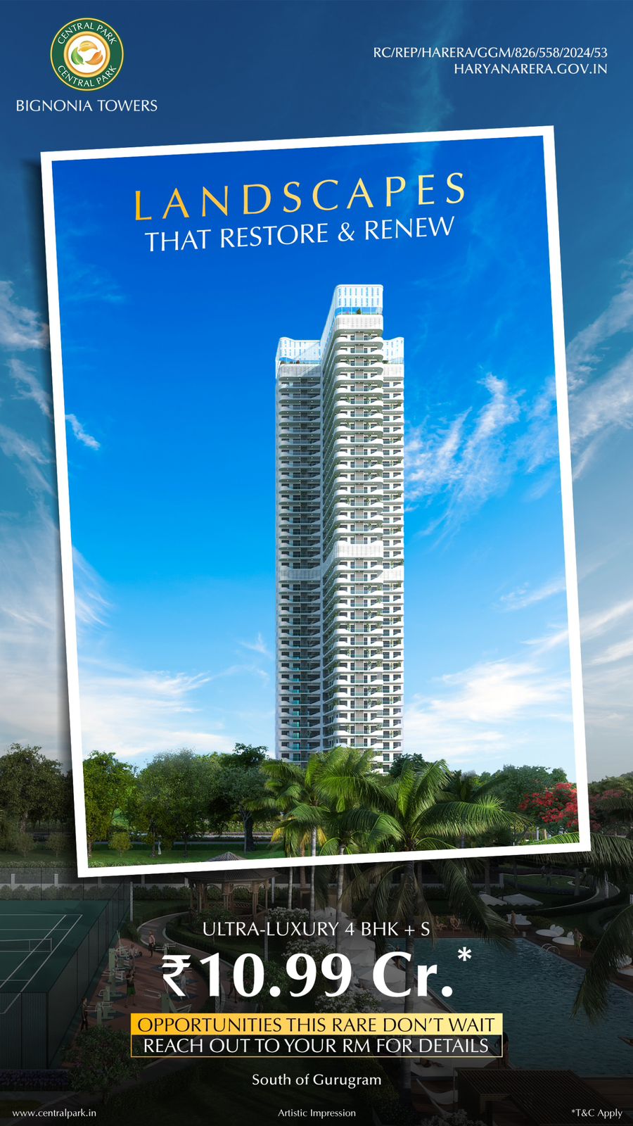 Discover Ultra-Luxury Living at Central Park BIGNONIA TOWERS, South of Gurugram, from ₹10.99 Cr. Update