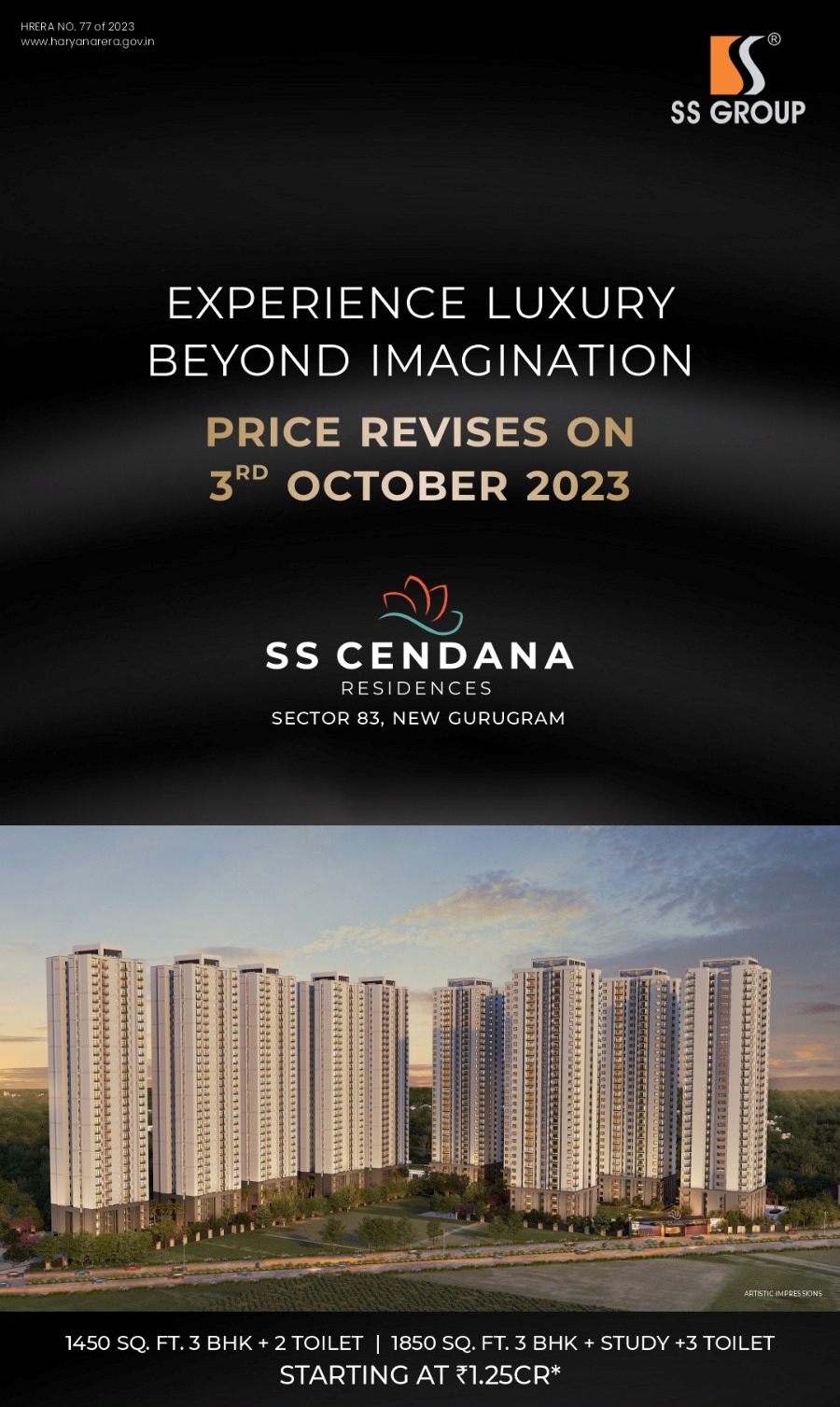Price revises on 3rd October 2023 at SS Cendana Residence in Sector 83, Gurgaon Update