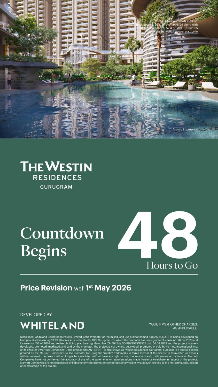 Hurry! Price Revision in 48 Hours at The Westin Residences || Secure Your Residence Before Price Hike at Whiteland's Project || Last Chance to Book at Current Rates, Gurugram Update