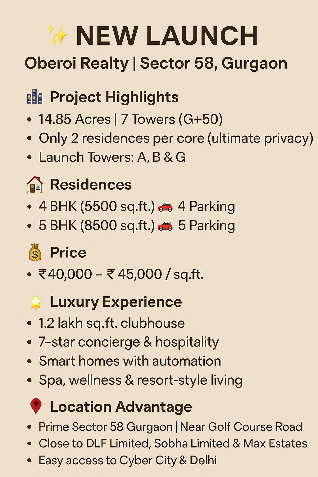 Exclusive Launch by Oberoi Realty in Sector 58 Gurgaon || Discover Luxury Living in Oberoi Realty's New Project || Explore Premium Residences at Oberoi Realty's New Launch Update