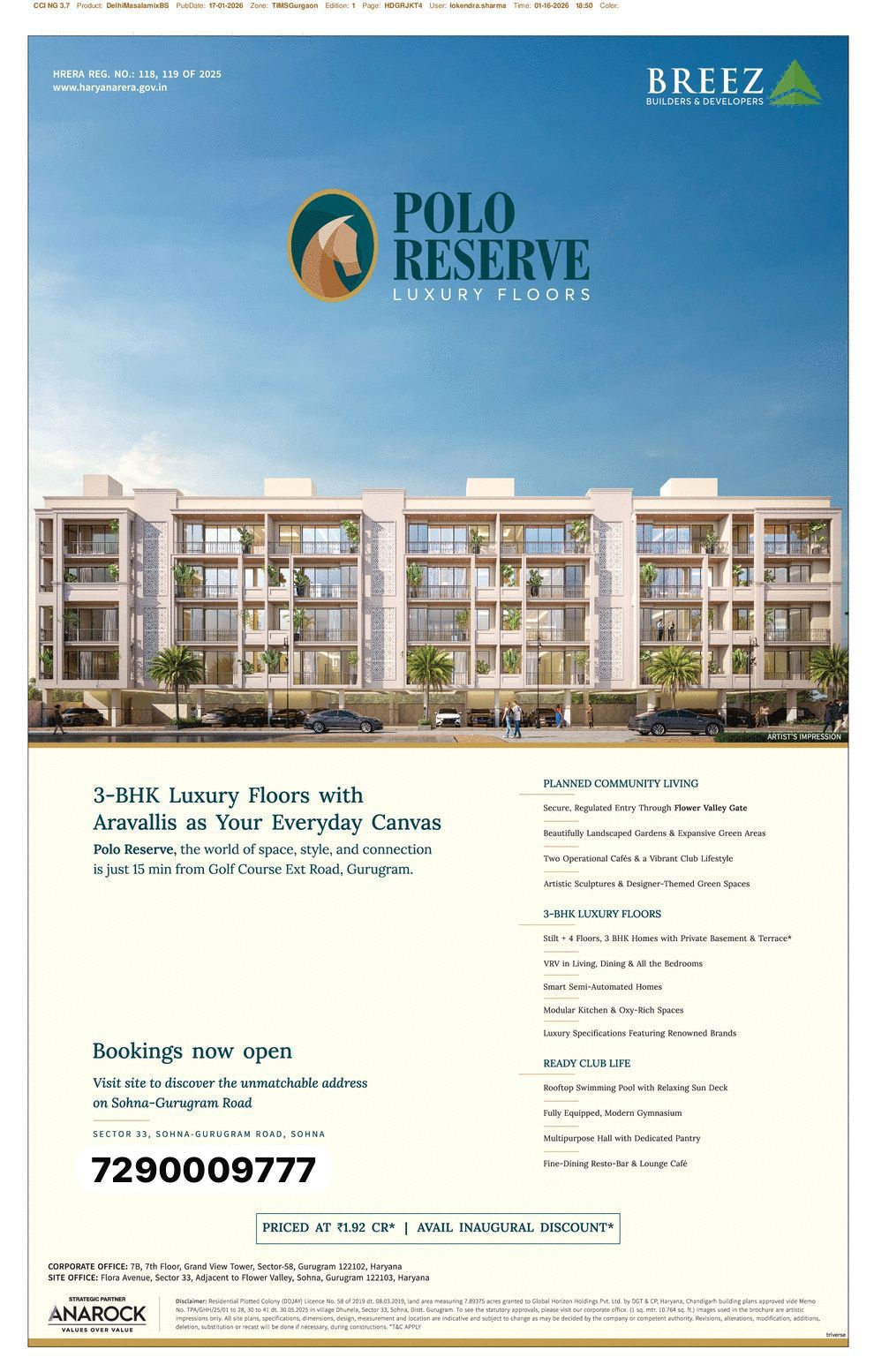 Discover 3-BHK Luxury Floors at Polo Reserve, Gurugram from Breez Builders, Starting at ₹1.92 Cr Update