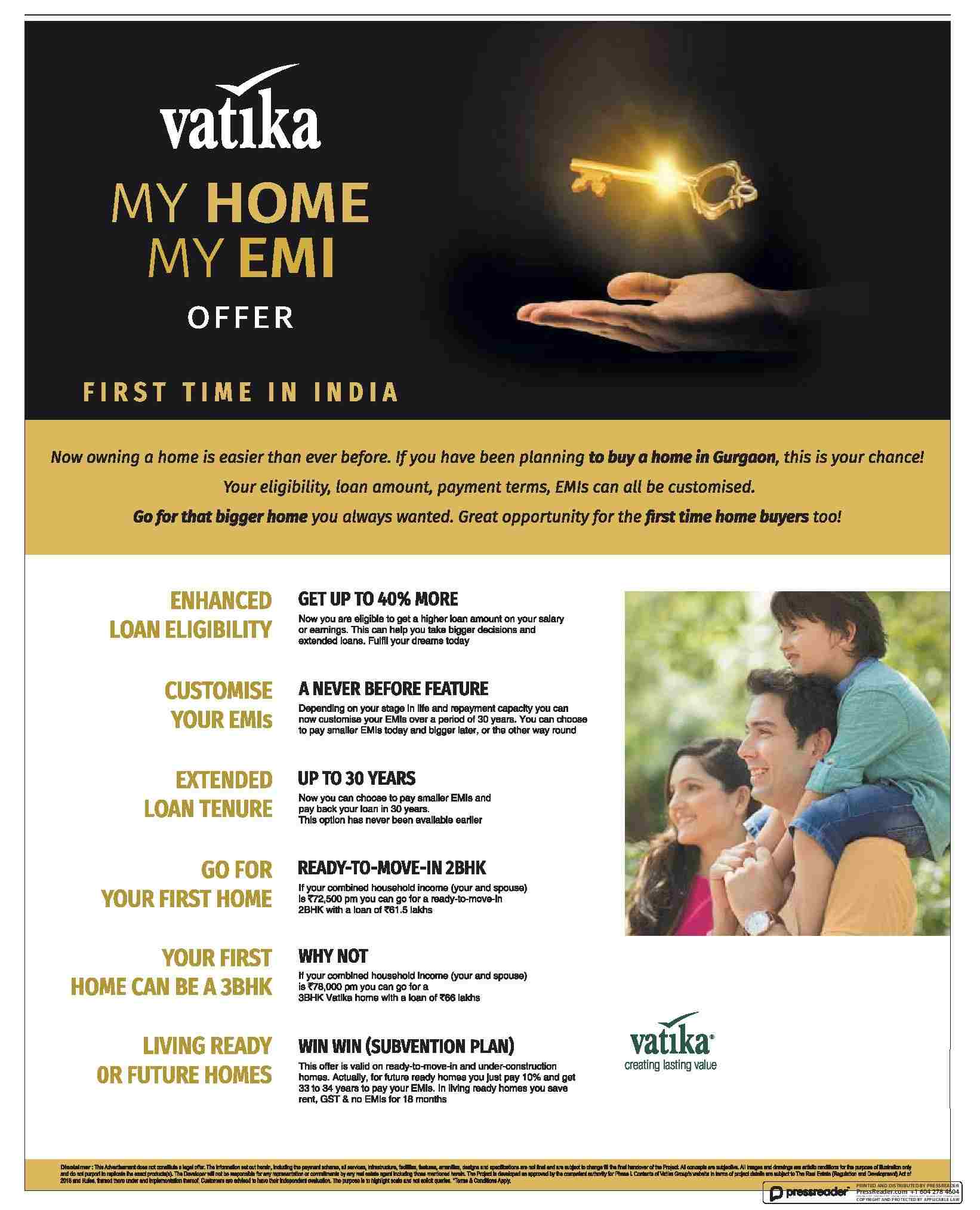 Vatika Group presents My Home My EMI Offer in Gurgaon Update