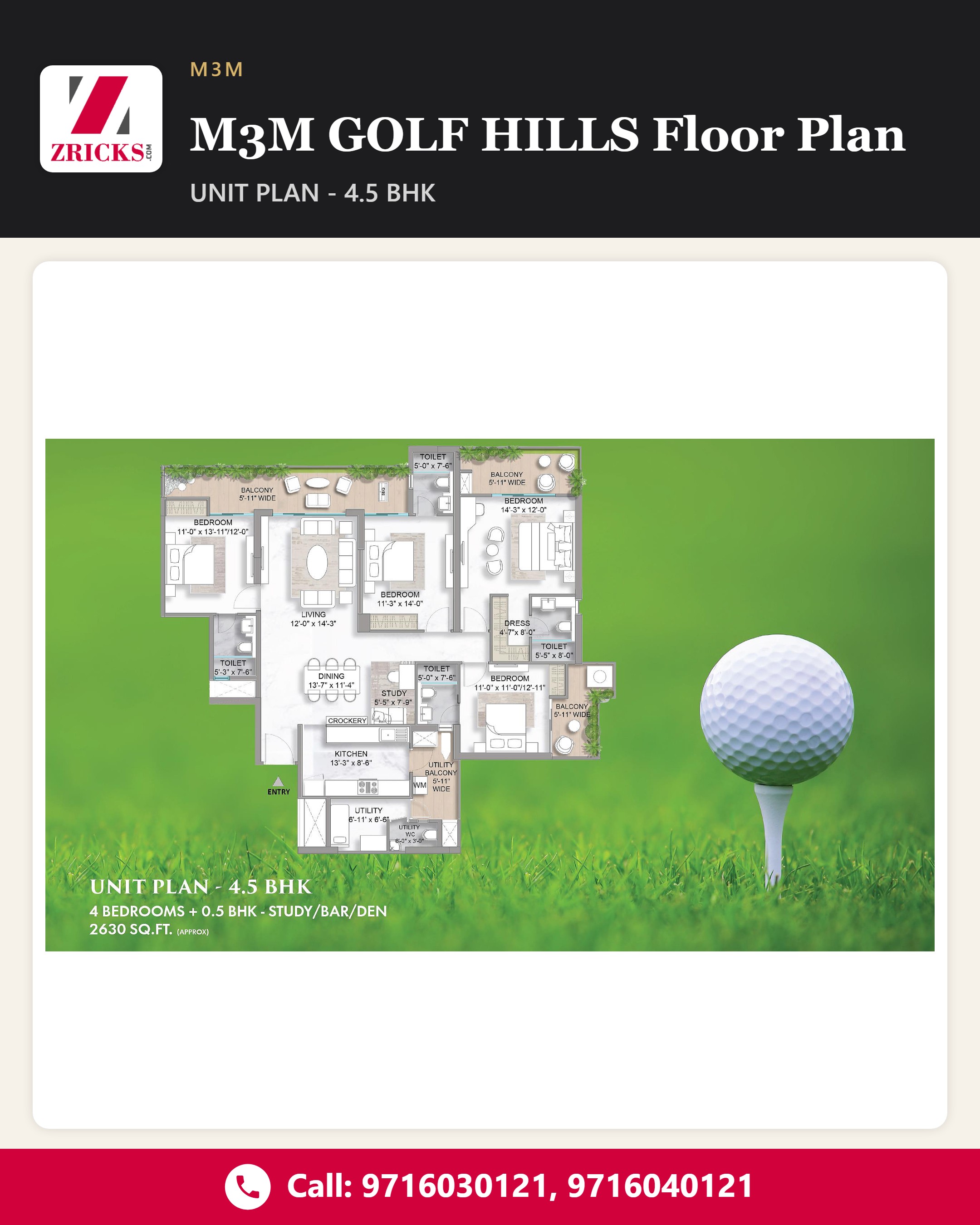 M3M GOLF HILLS Floor Plan: 4.5 BHK (2630 sq ft) With Study Update
