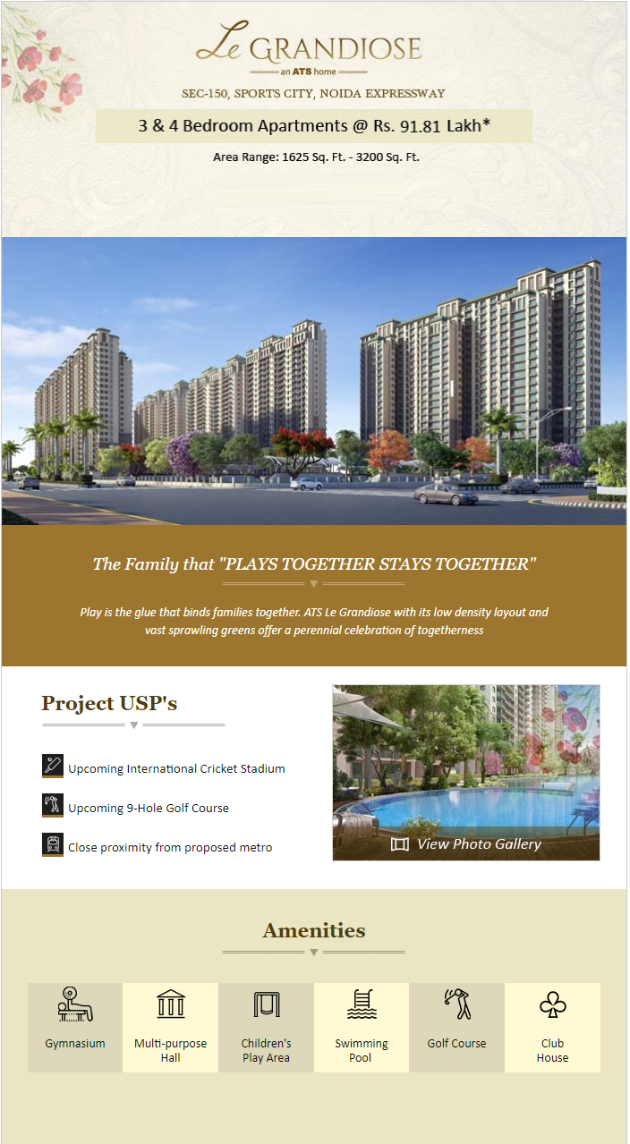 Avail 3 & 4 bedroom apartments at Rs. 91.81 lakhs at ATS Le Grandiose in Noida Update