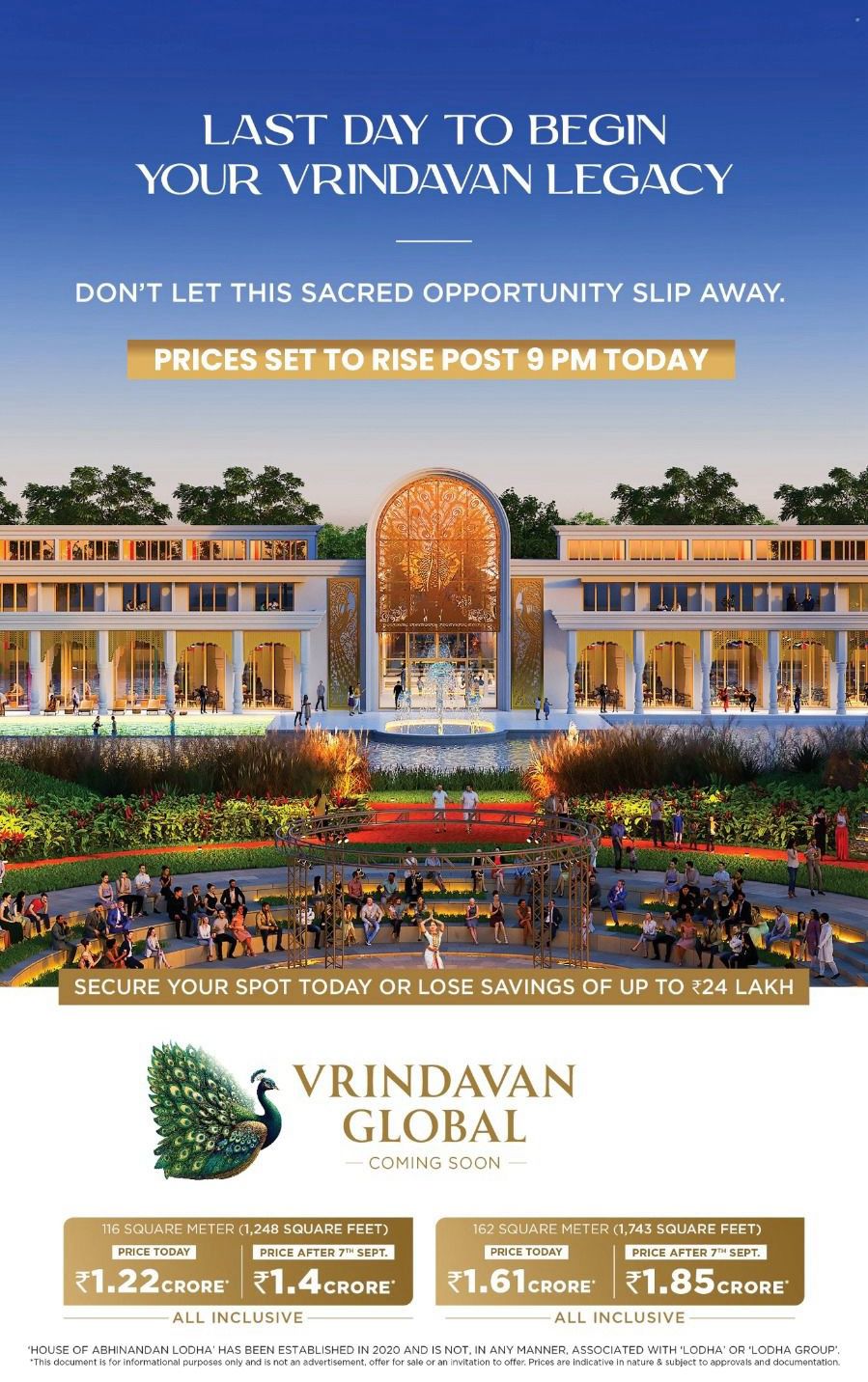 Vrindavan Global - Secure Your Spot Today at ₹1.22 Crore, Prices Rising Post 9 PM, Abhinandan Lodha, Vrindavan Update