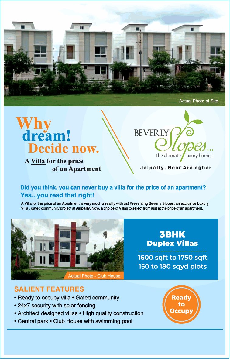 Ready to occupy at Beverly Slopes, Hyderabad Update