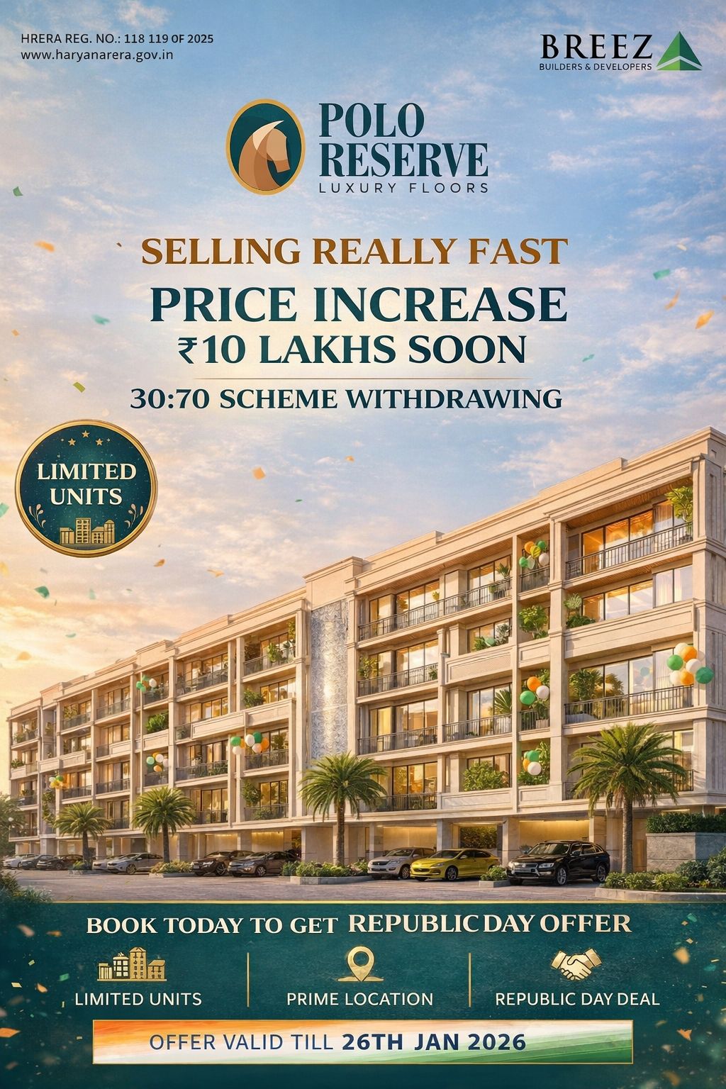 Act Fast Polo Reserve, Price Increase ₹10 Lakhs Soon, Offer Ends 26th Jan 2026, By Breez Builders, Location: Polo Reserve Luxury Floors Update
