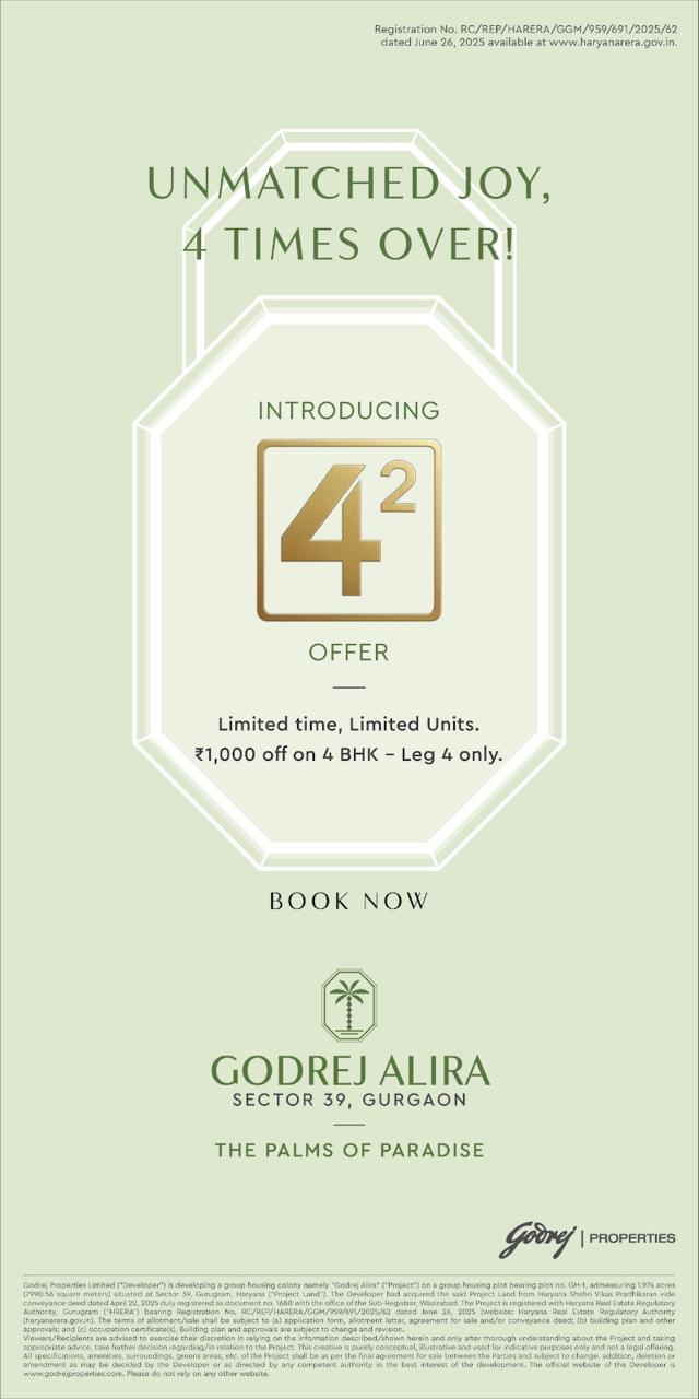 Exclusive Offer: ₹1,000 Off on Godrej Alira 4 BHK in Sector 39, Gurgaon! Update