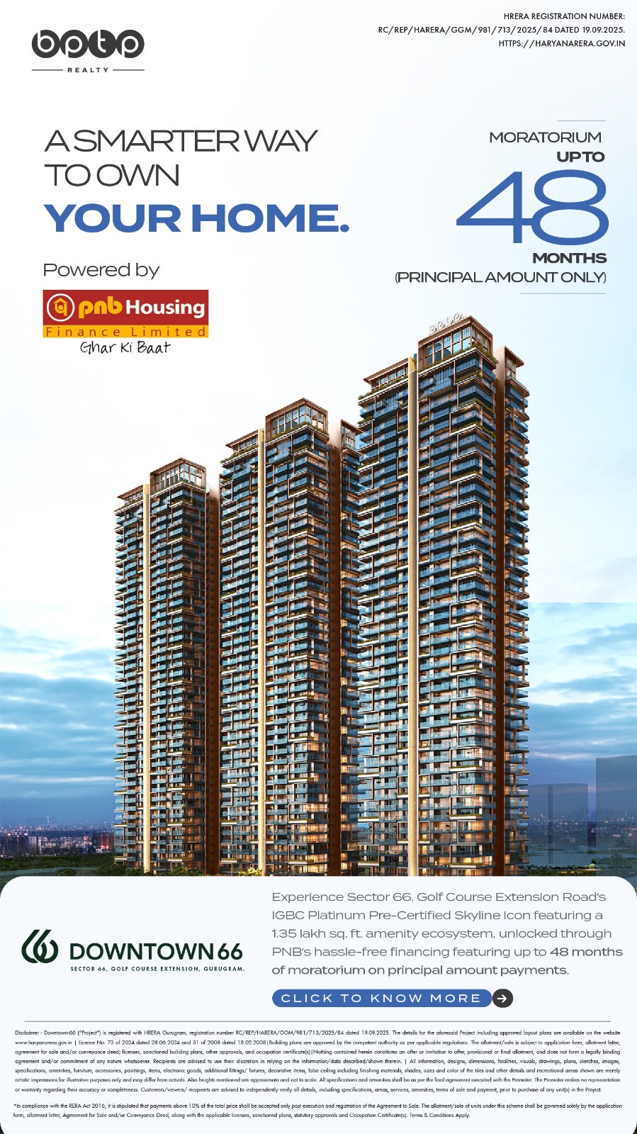 Experience Downtown 66 with 48-Month Moratorium || Unlock Smart Financing with BPTP Realty || Own Your Home in Sector 66, Gurugram