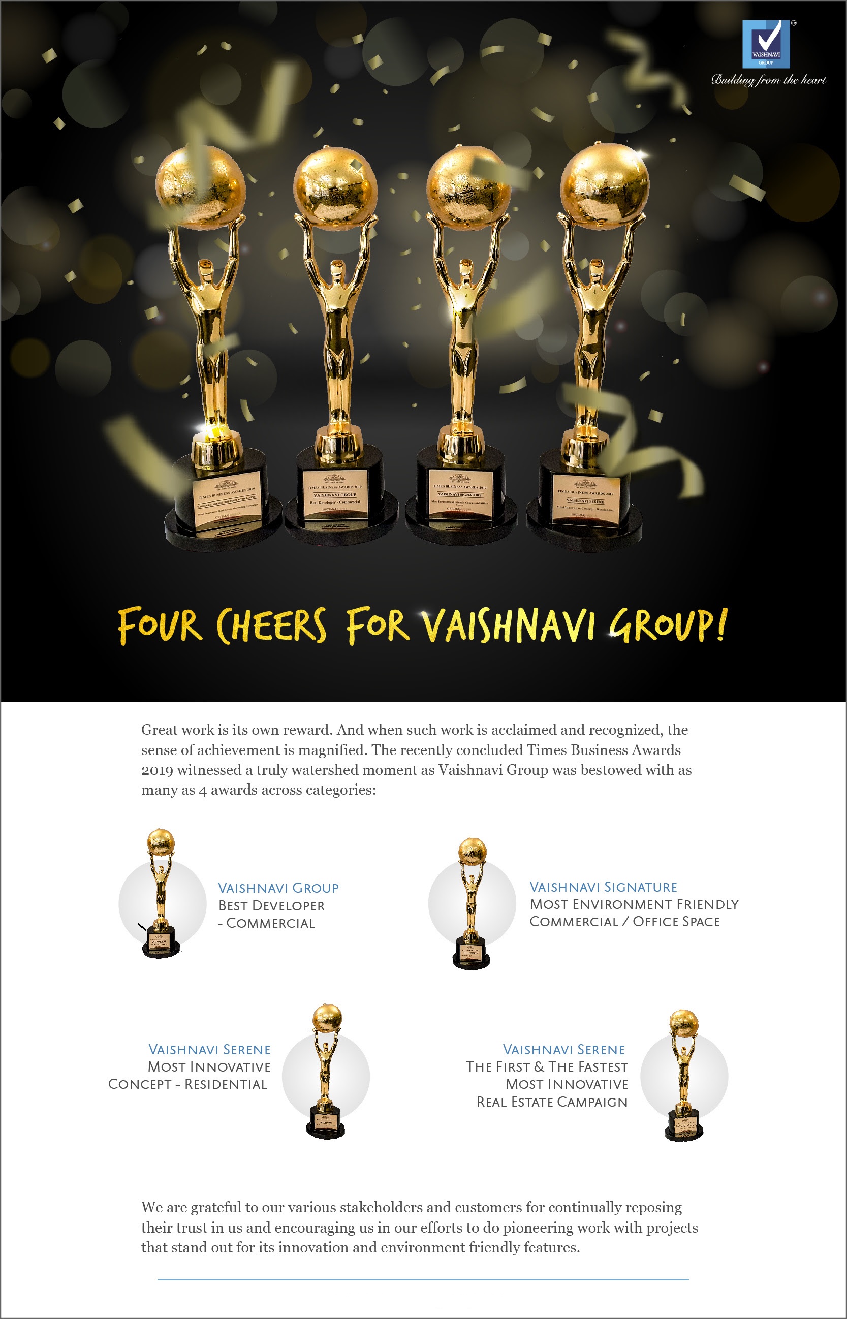 Outstanding performance of Vaisnavi Group wins most awaited Business award Times Business Award 2019 Update