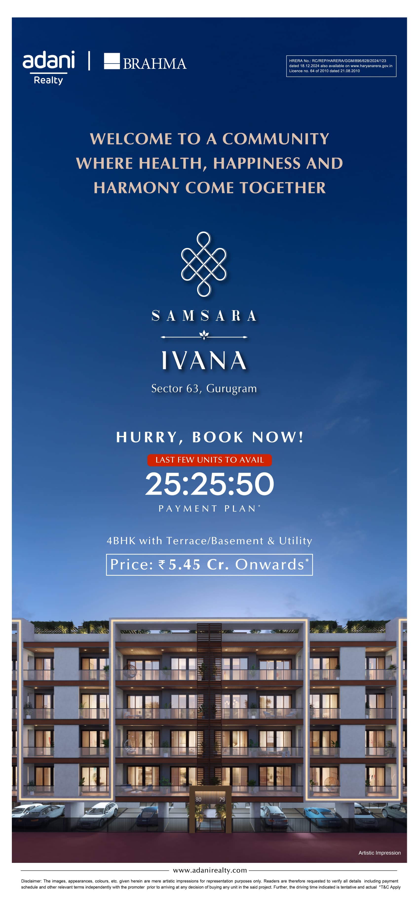 Discover Samsara Ivana in Sector 63, Gurugram from Adani Realty: 4BHKs Starting at ₹5.45 Cr Update