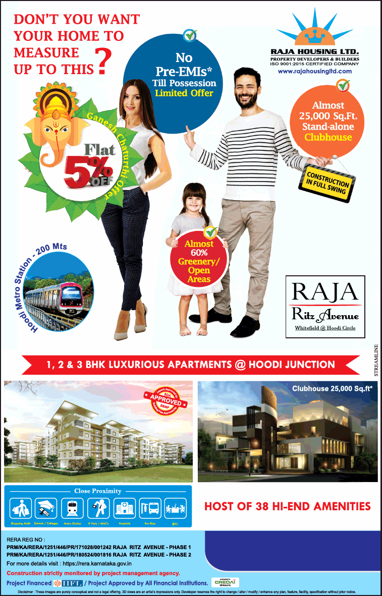 No pre-EMIs till possession limited offer at Raja Ritz Avenue in Hoodi Circle, Bangalore Update