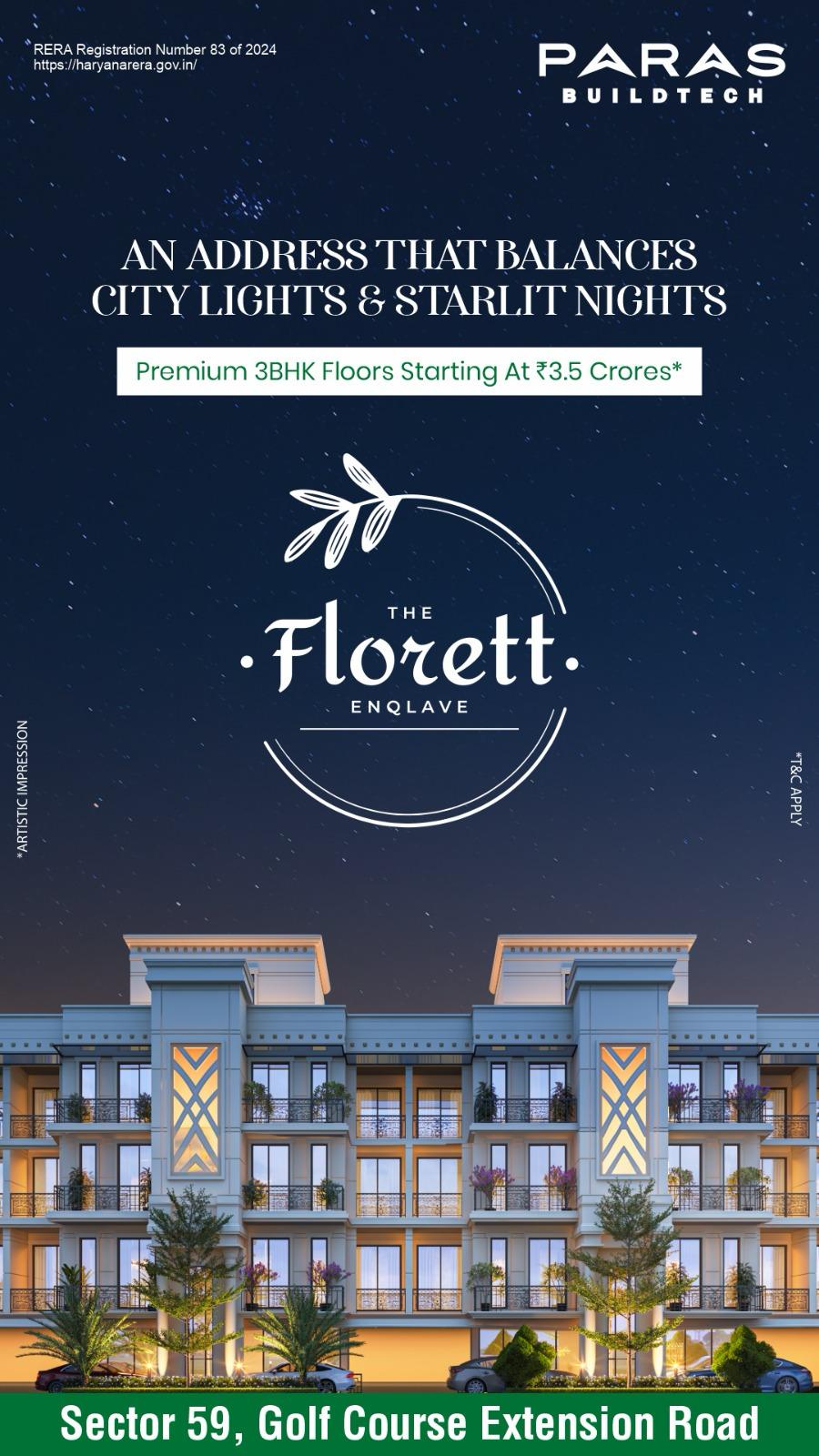 Discover The Florett Enclave by Paras Buildtech: Premium 3BHK Floors Starting at ₹3.5 Crores, Sector 59, Golf Course Extension Road Update