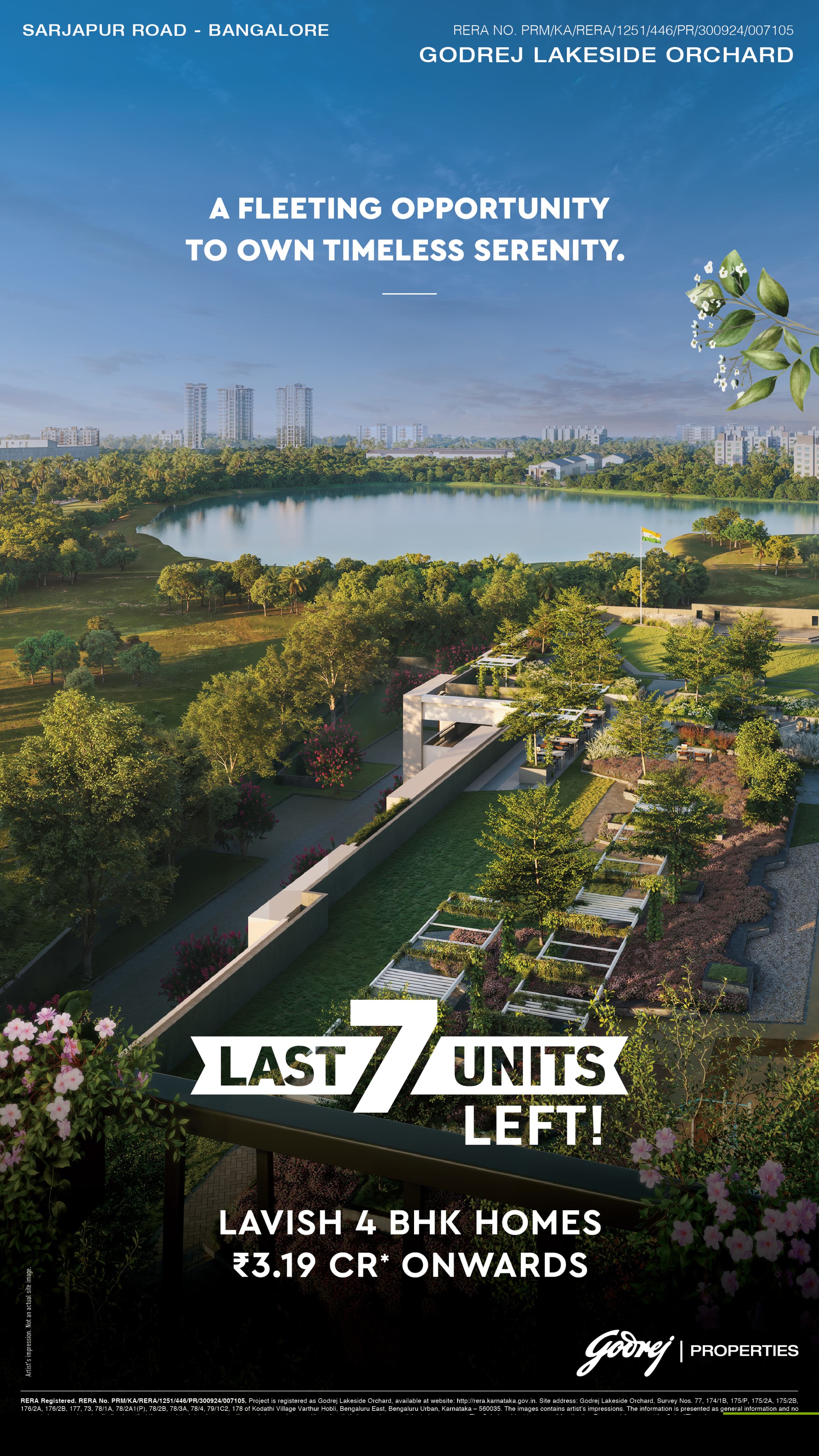 Last 7 Units at Godrej Lakeside Orchard, Luxury 4 BHK in Bangalore from ₹3.19 Cr Upwards! Update