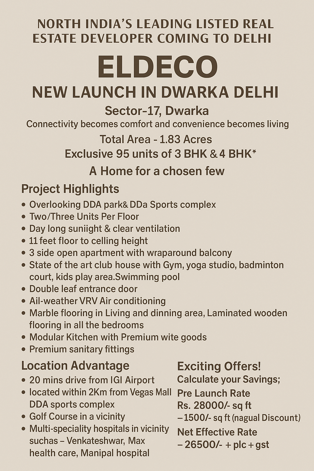 Eldeco New Launch in Dwarka, Delhi - Luxurious 3 & 4 BHK Apartments, Prime Location, Starting at Just Rs. 26,500/sq ft! Update