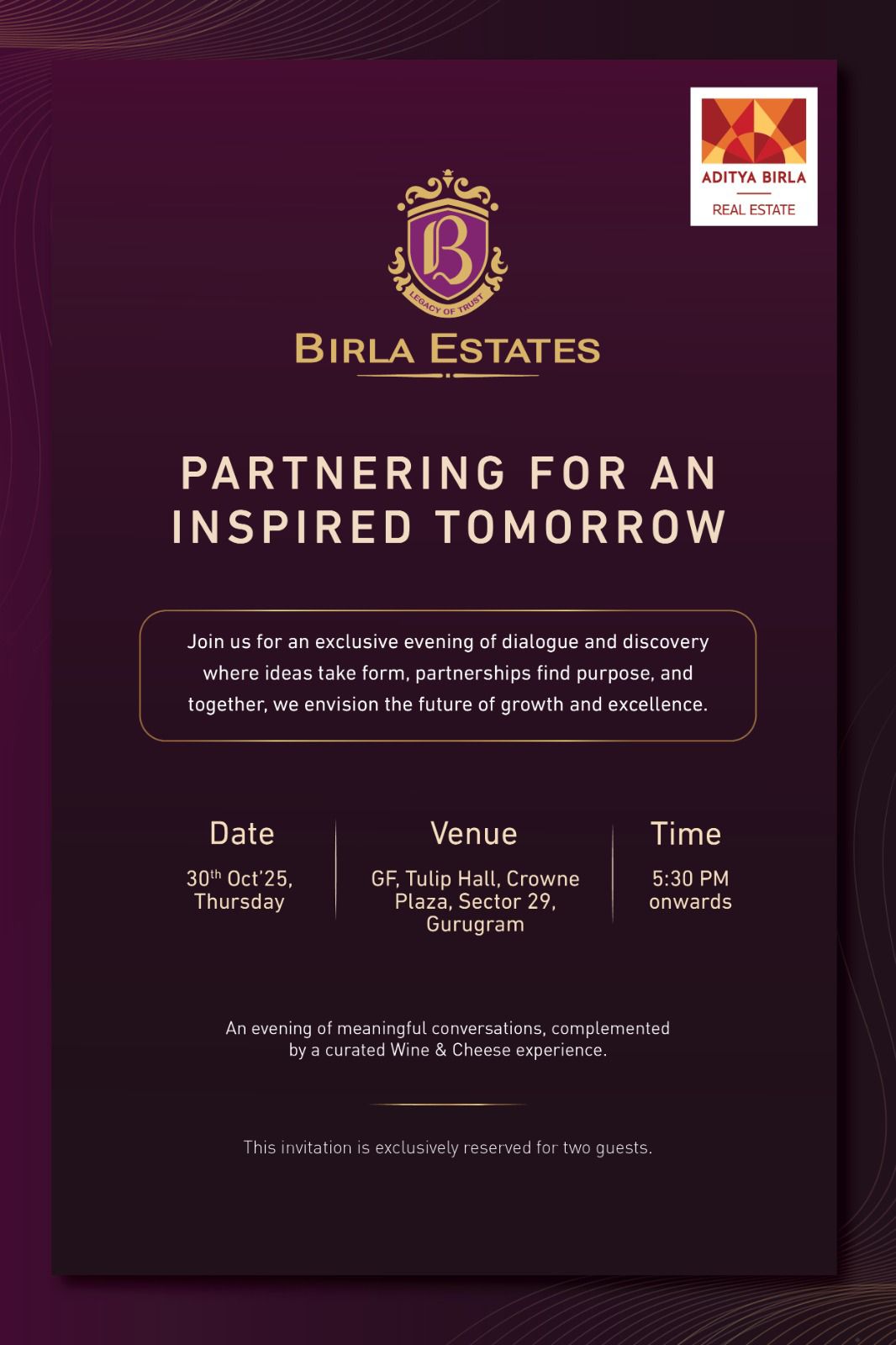 Join Birla Estates Wine & Cheese Evening, October 30th, at Crowne Plaza, Gurgaon Update